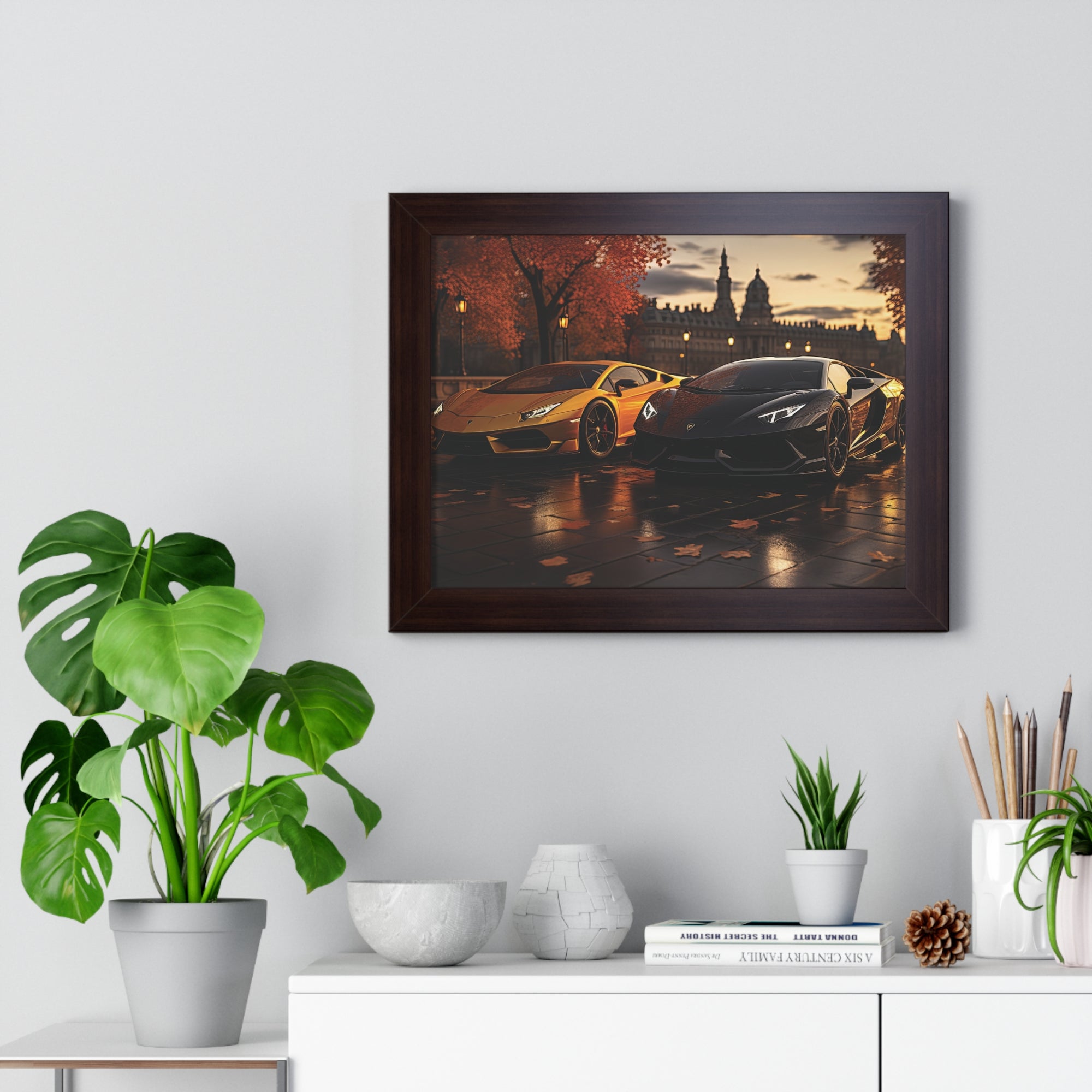 Gold Lamborghini Huracán and a Black Lamborghini Aventador – Premium Framed Print