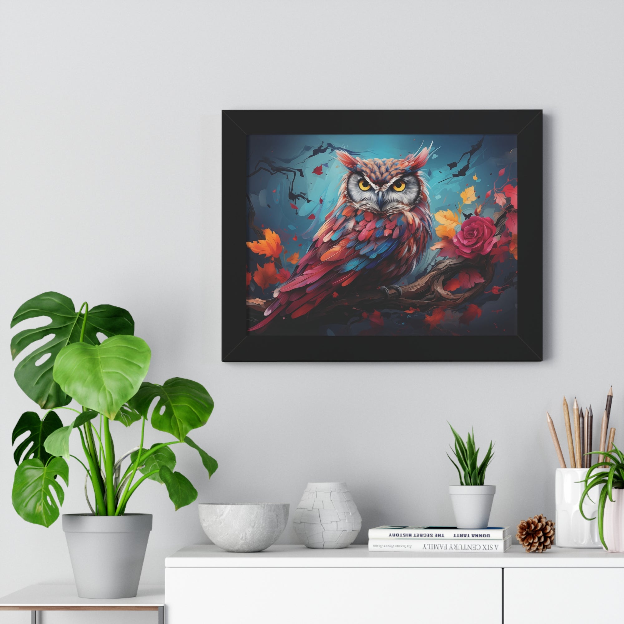 Crimson Perch —🌹Vibrant Owl Wall Art with Autumn Bloom