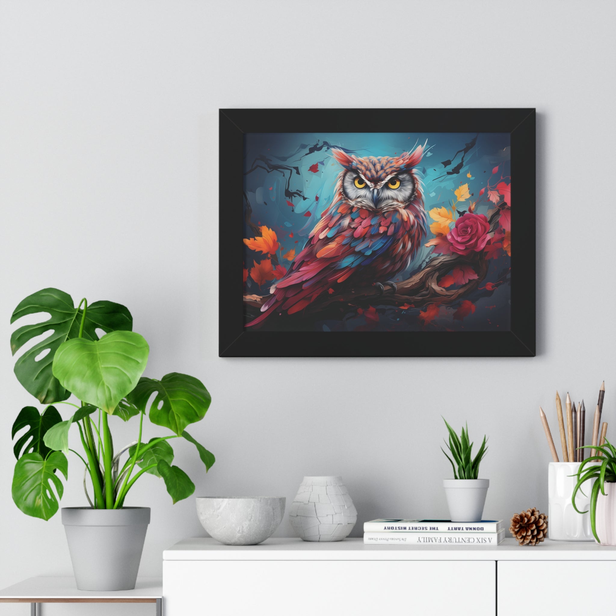 Crimson Perch —🌹Vibrant Owl Wall Art with Autumn Bloom