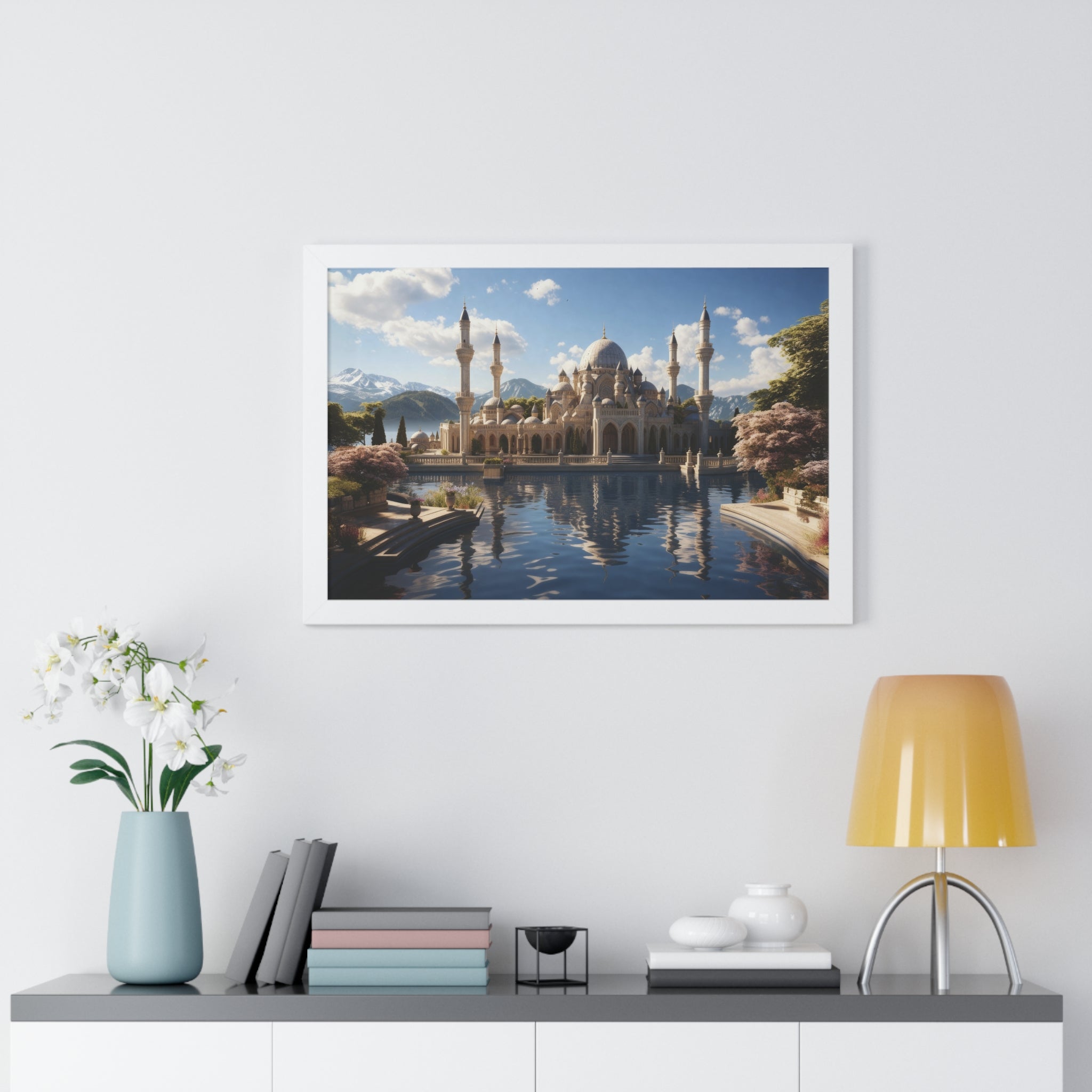 Mirrored Tranquility – Framed Mosque by the Lake Wall Art