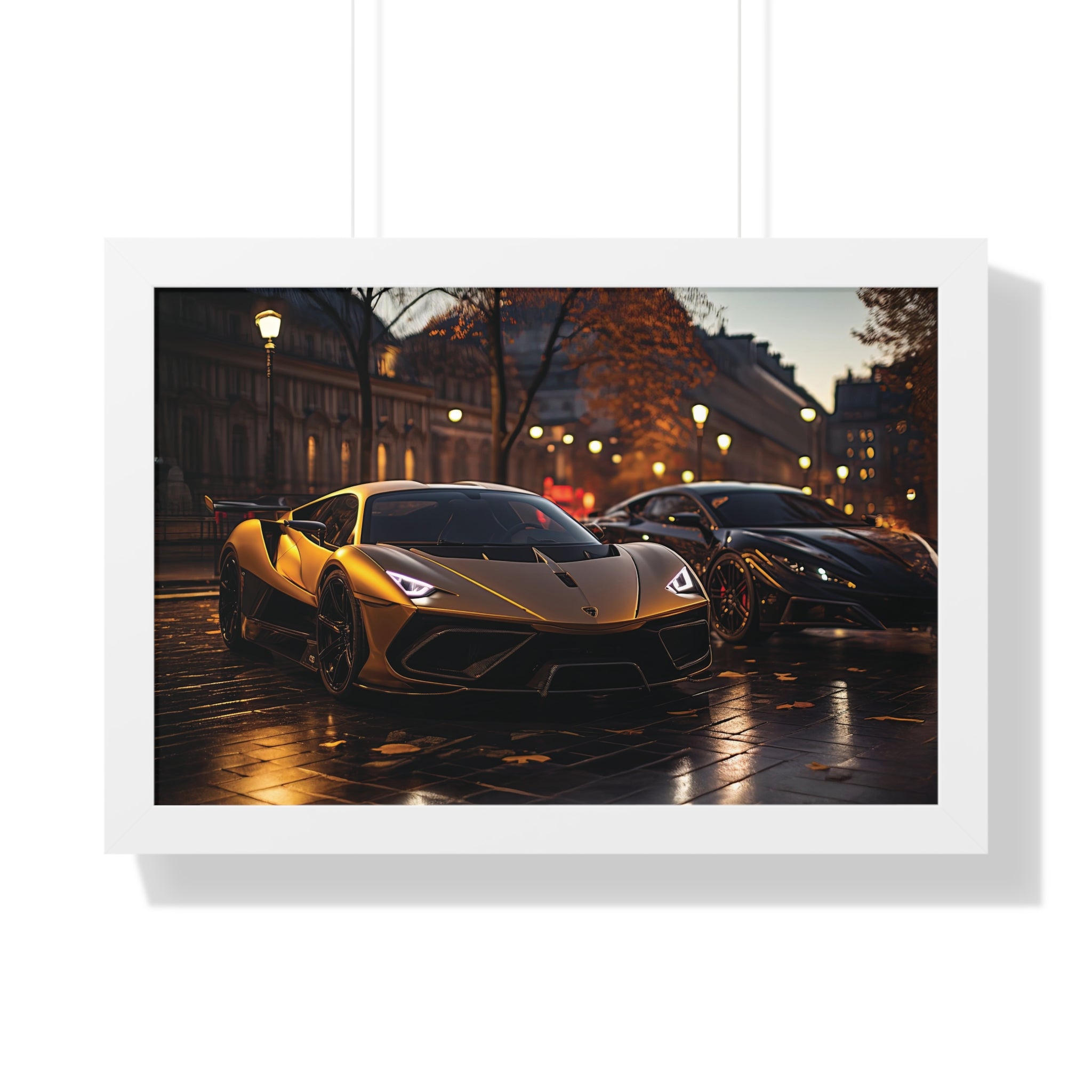 Modified Lamborghini Gold Print - A wet City Street at Night with illuminated Street Lamps