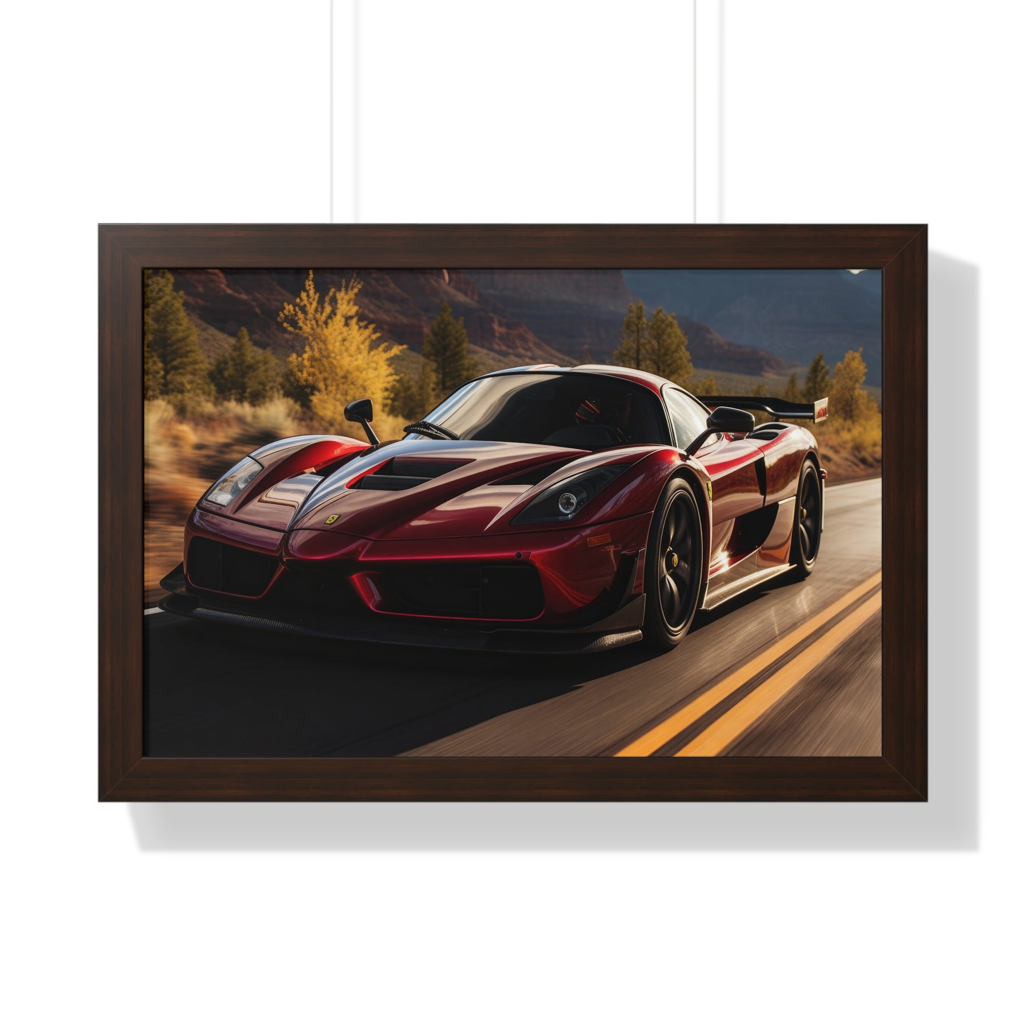 Red Ferrari F50 – Framed Poster in Majestic Mountain Setting