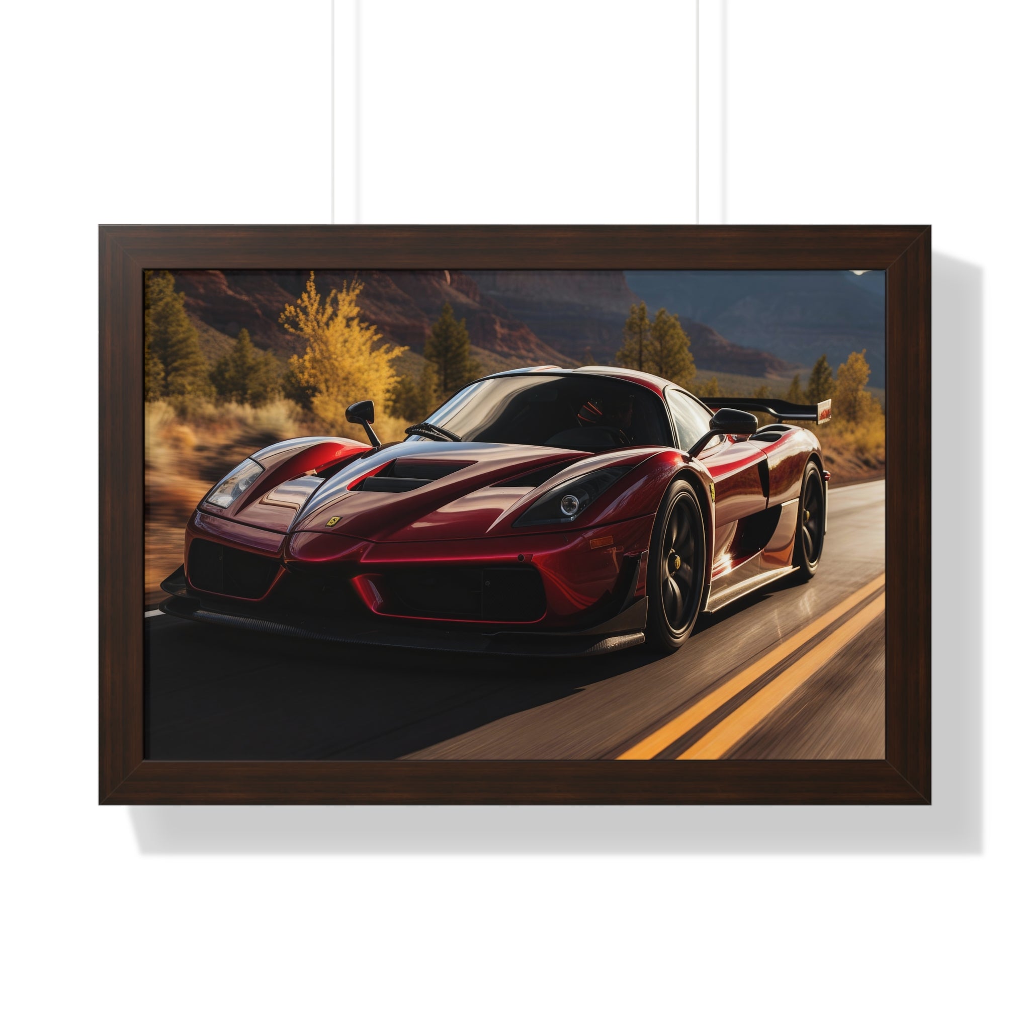 Red Ferrari F50 – Framed Poster in Majestic Mountain Setting