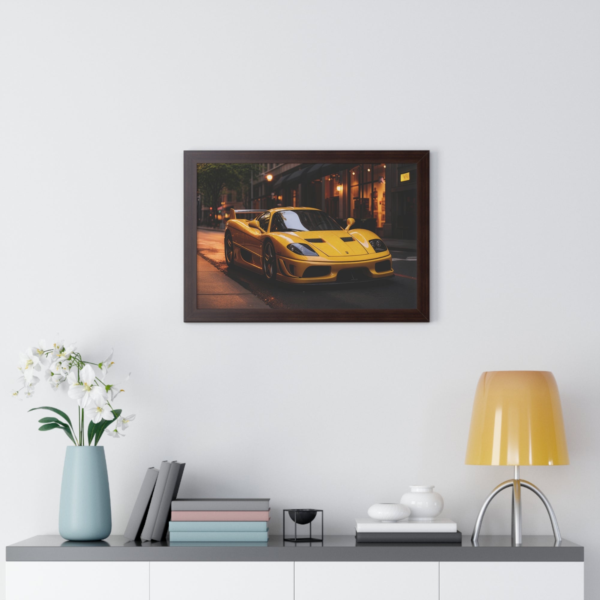 Framed Supercar Poster – Yellow Ferrari F50 in Manhattan