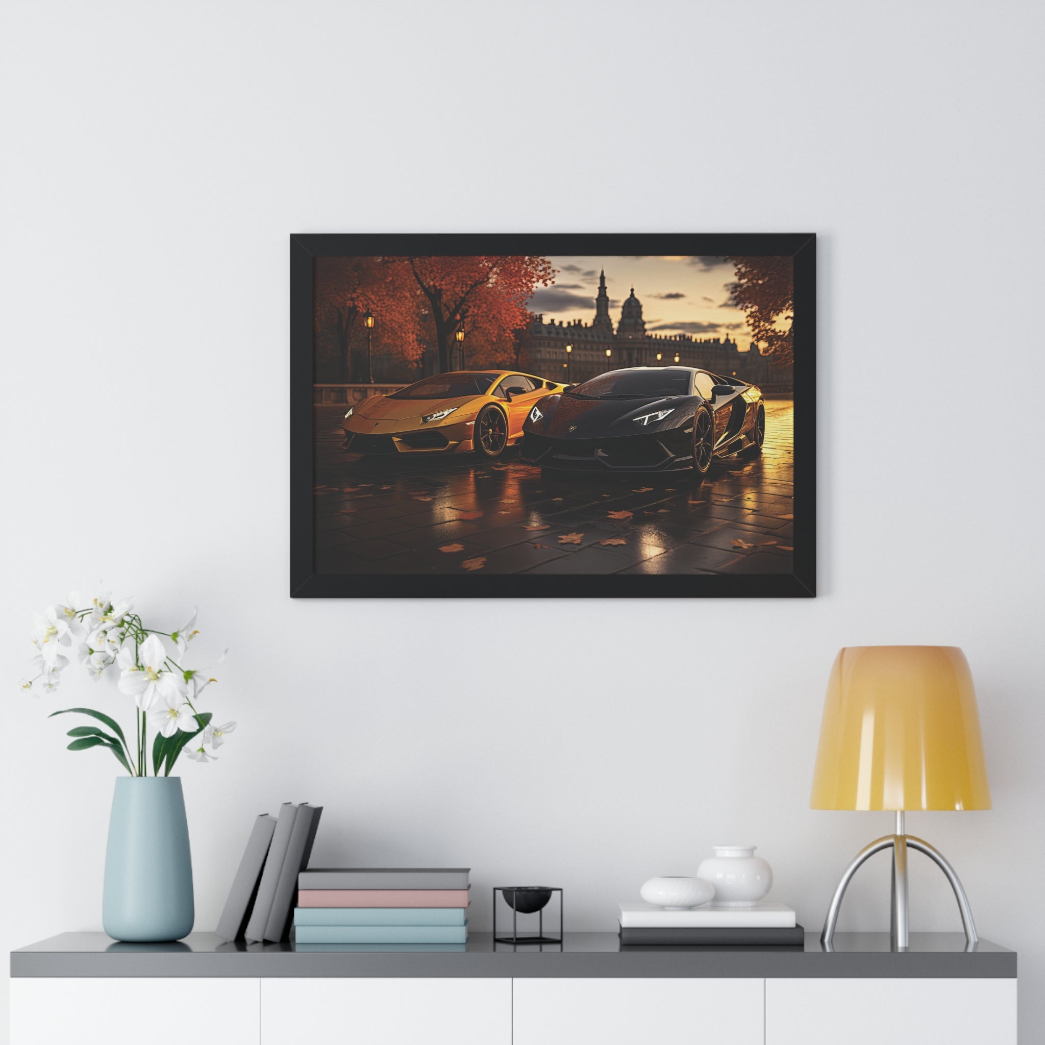 Gold Lamborghini Huracán and a Black Lamborghini Aventador – Premium Framed Print