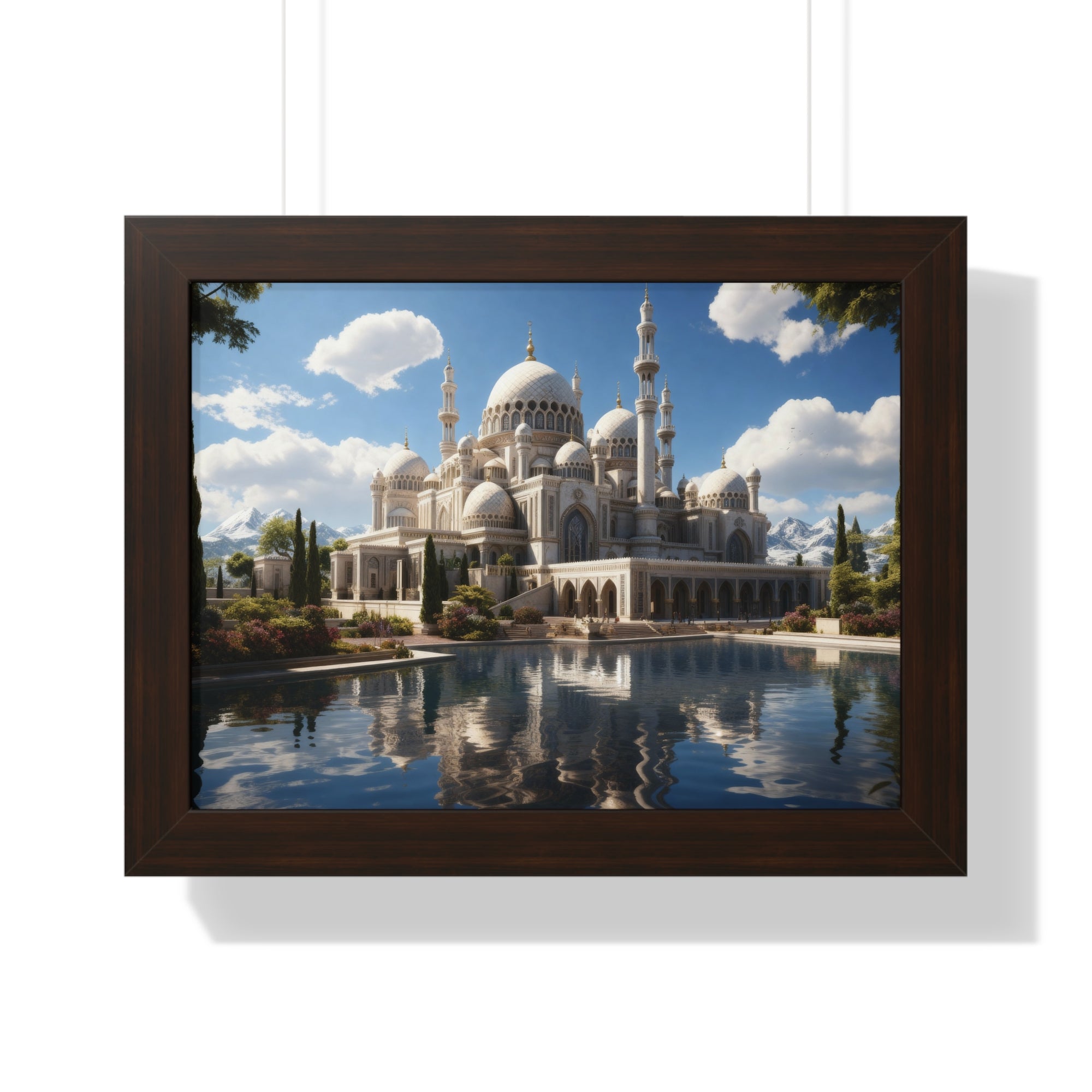 Reflections of Faith – Framed Islamic Mosque Wall Art with Scenic Lake & Mountain Backdrop