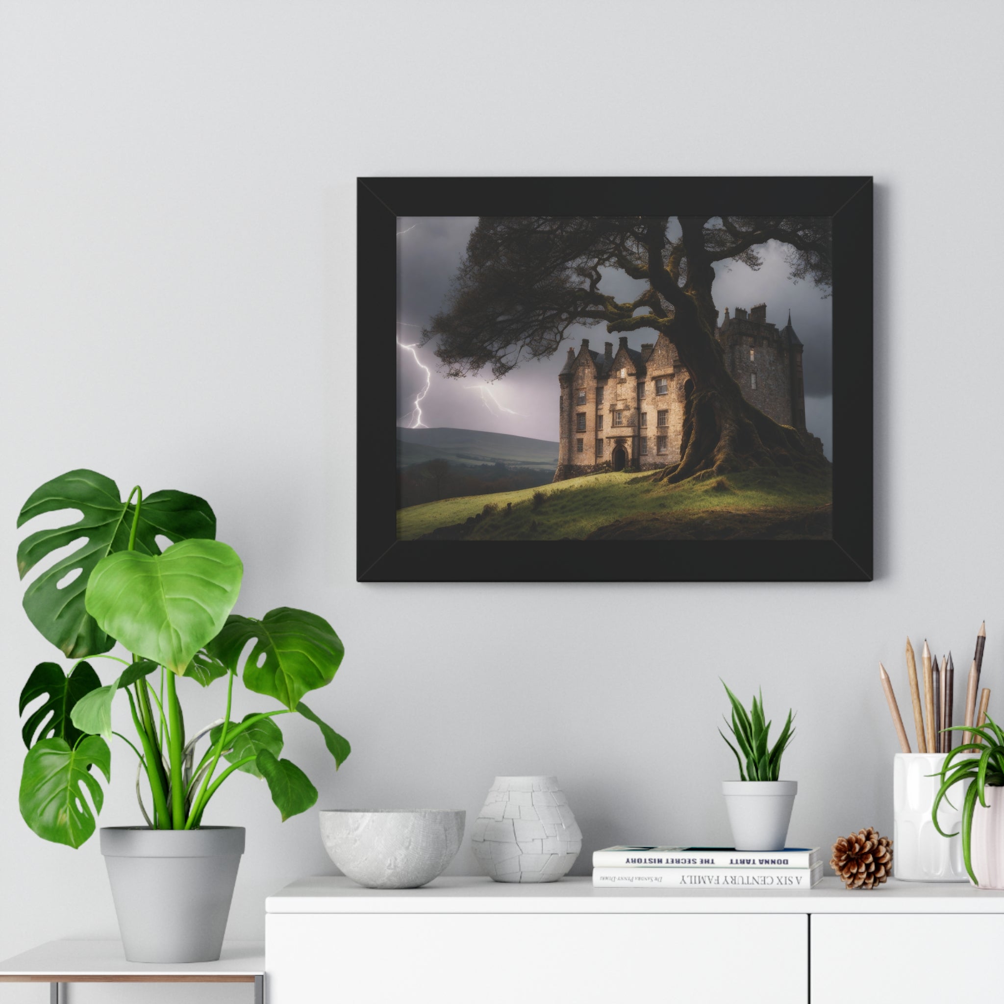 Haunted Scottish Castle Wall Art – Lightning Storm & Ancient Tree Landscape Print