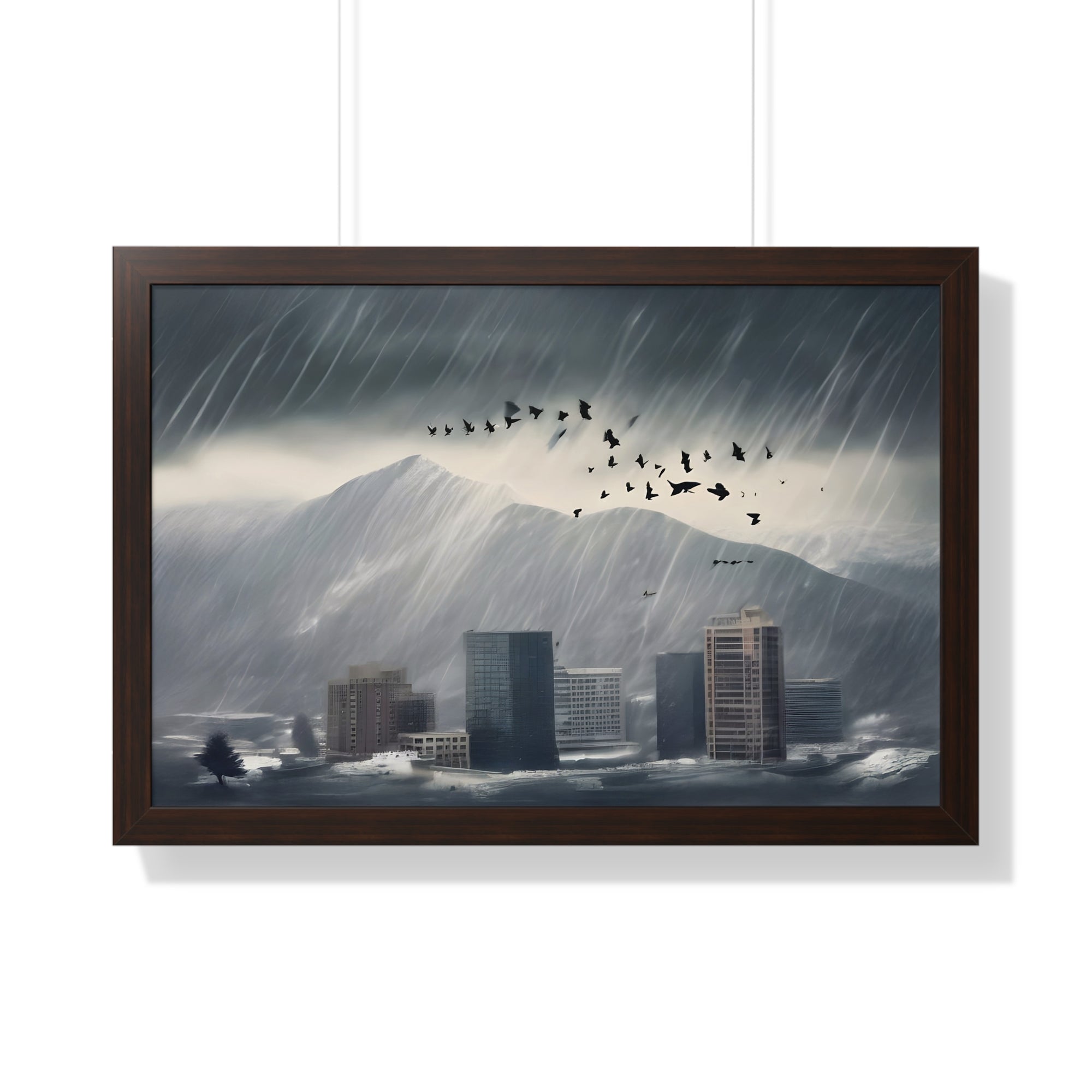 Urban Downpour with Birds in Flight – Futuristic Wall Print