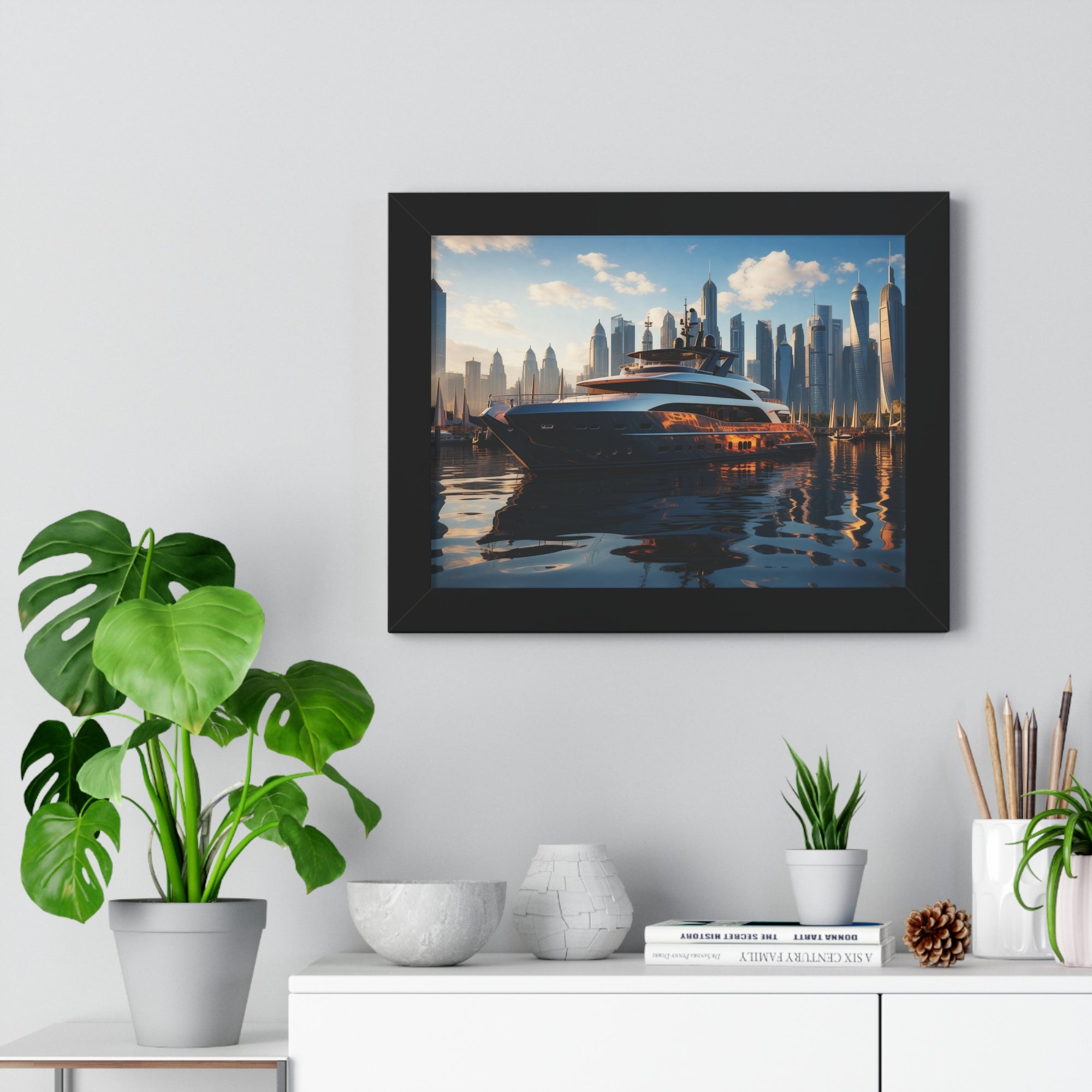 Luxury Yacht Marina at Sunset – Framed Cityscape Wall Art for Modern Interiors