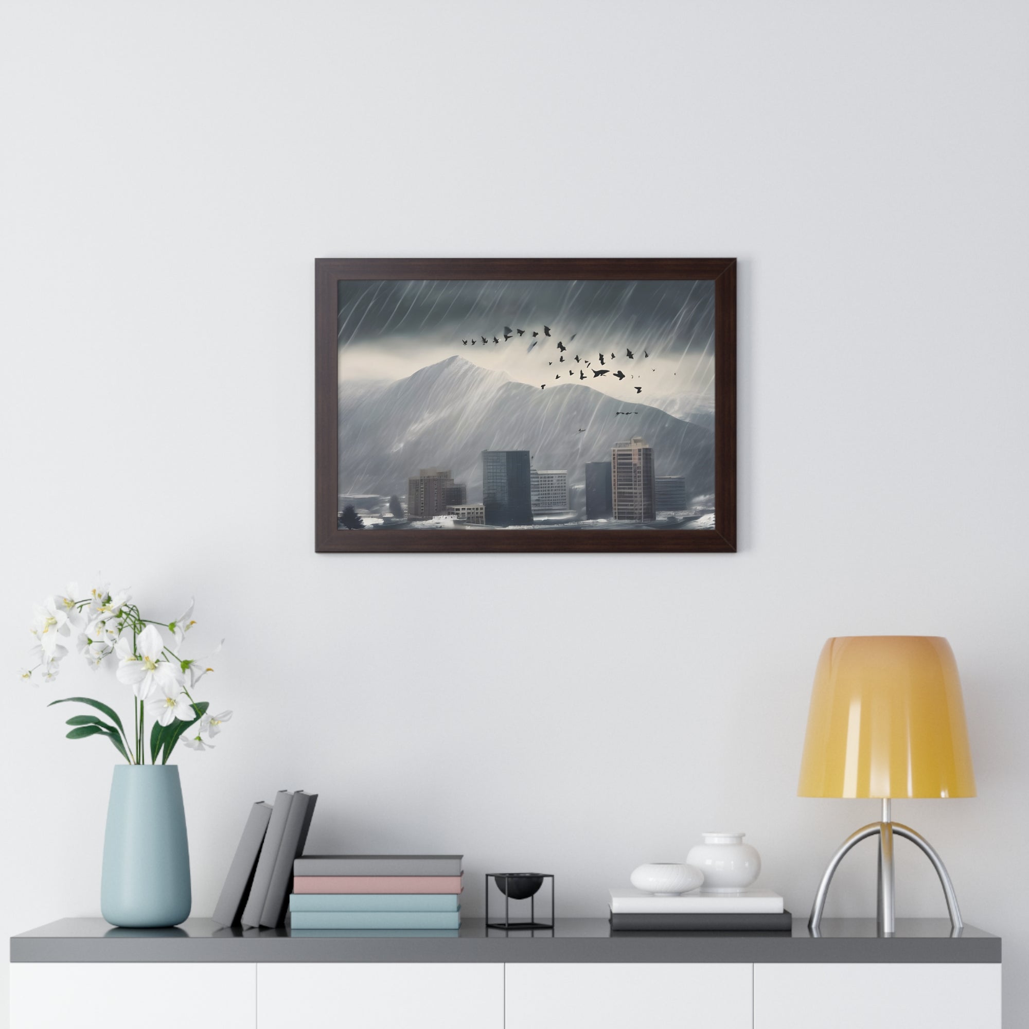 Urban Downpour with Birds in Flight – Futuristic Wall Print