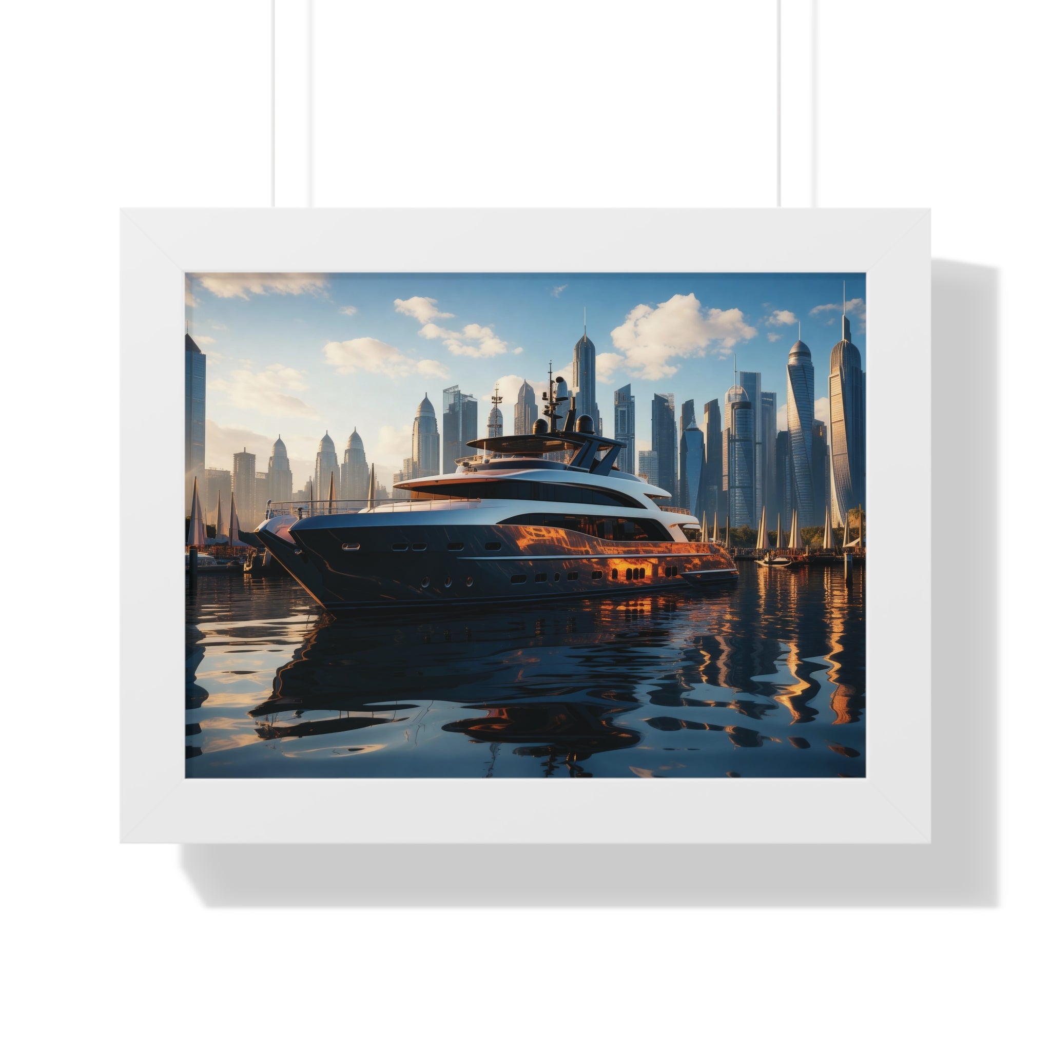 Luxury Yacht Marina at Sunset – Framed Cityscape Wall Art for Modern Interiors