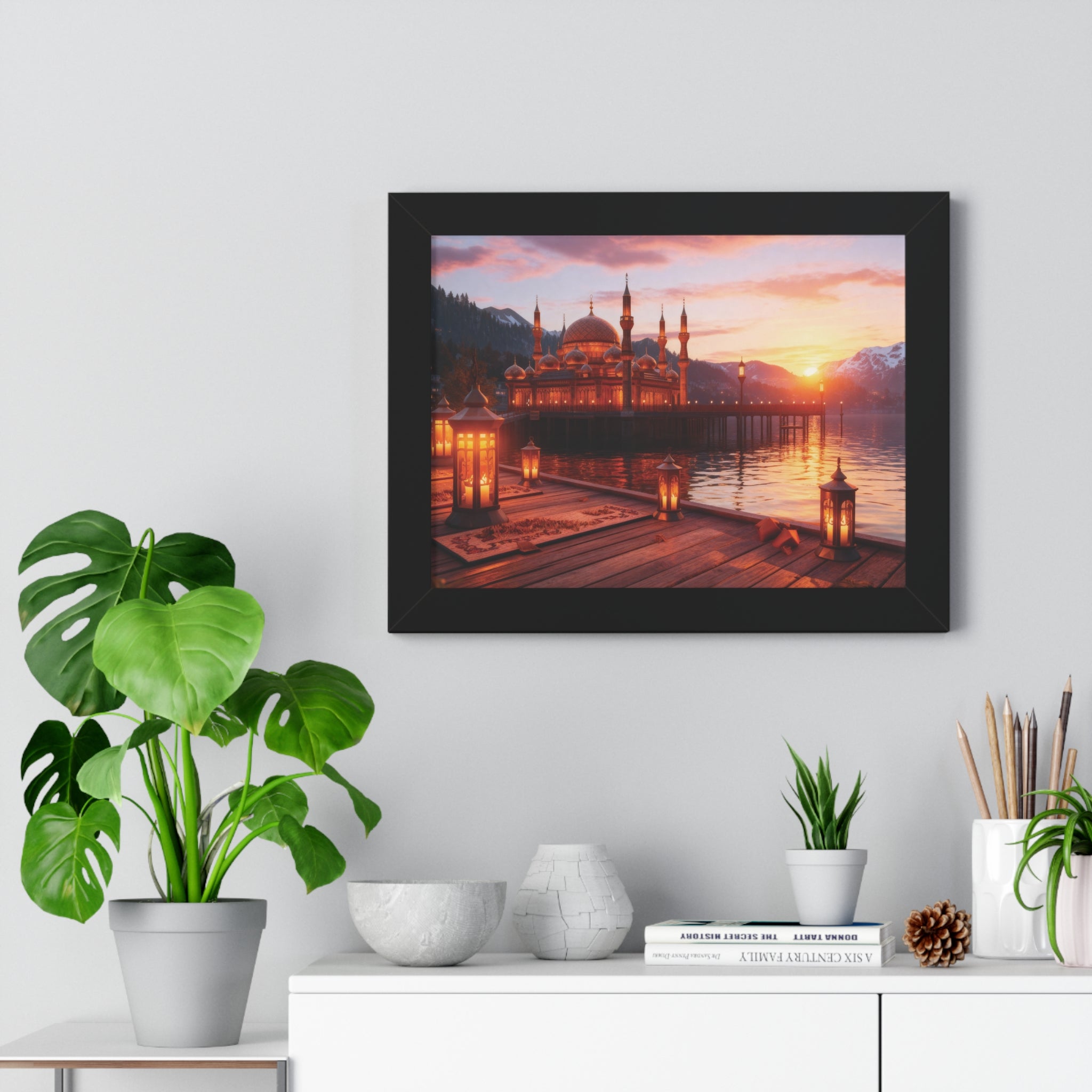 Twilight Serenity – Illuminated Mosque Reflections Framed Wall Art