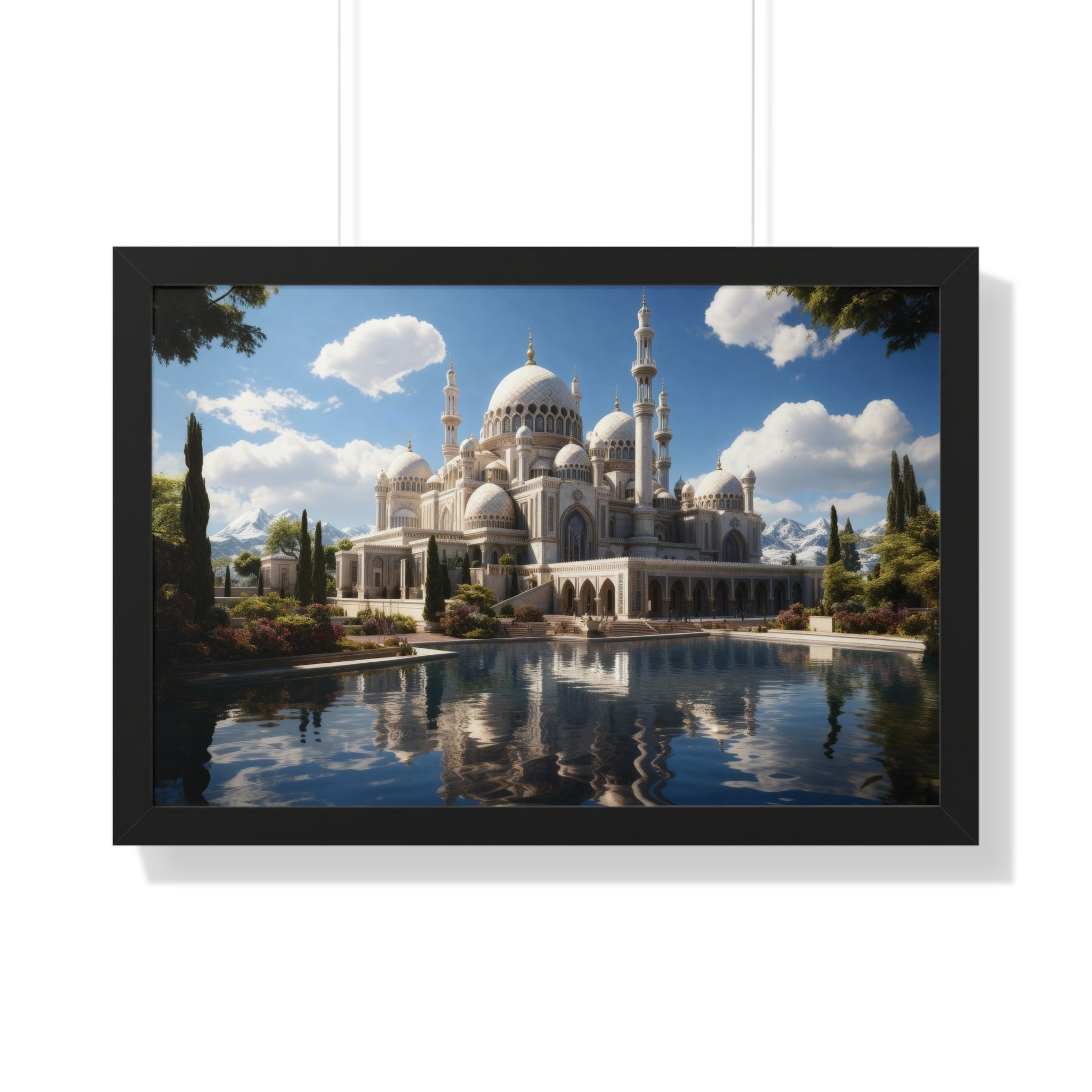 Reflections of Faith – Framed Islamic Mosque Wall Art with Scenic Lake & Mountain Backdrop