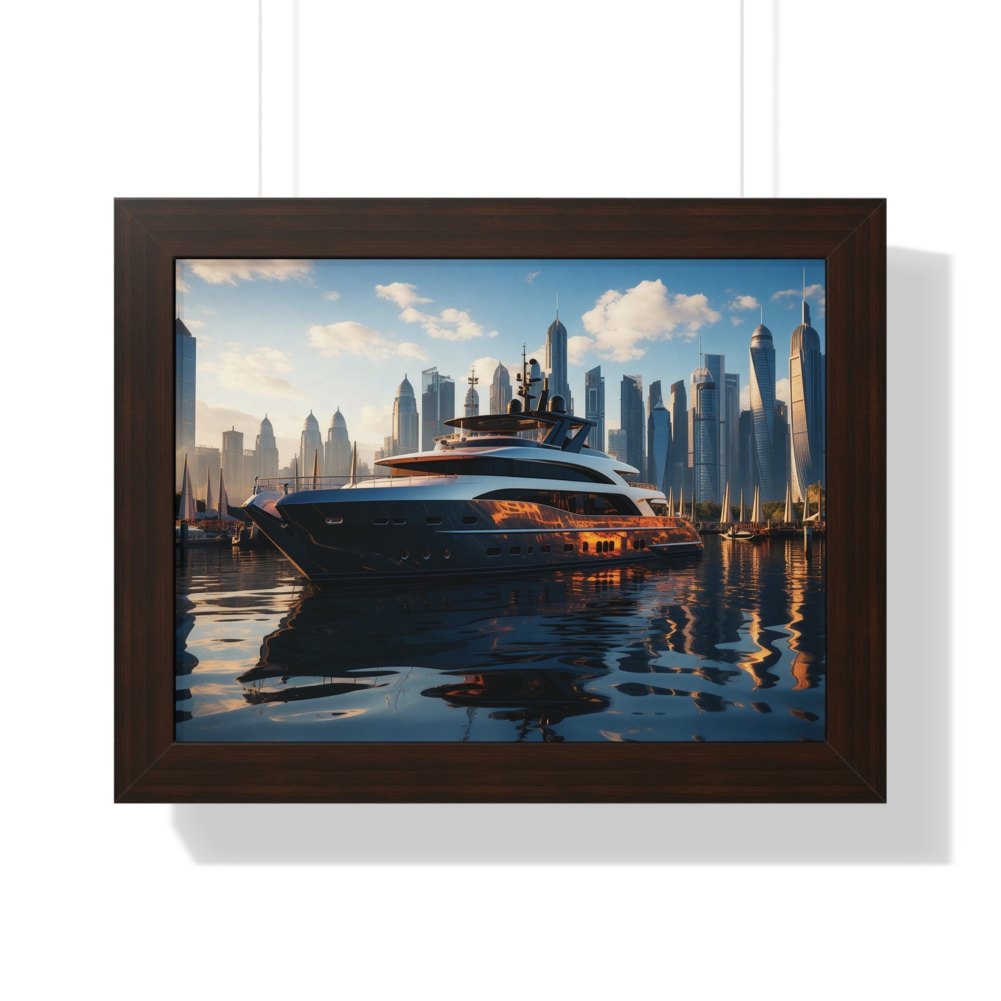 Luxury Yacht Marina at Sunset – Framed Cityscape Wall Art for Modern Interiors