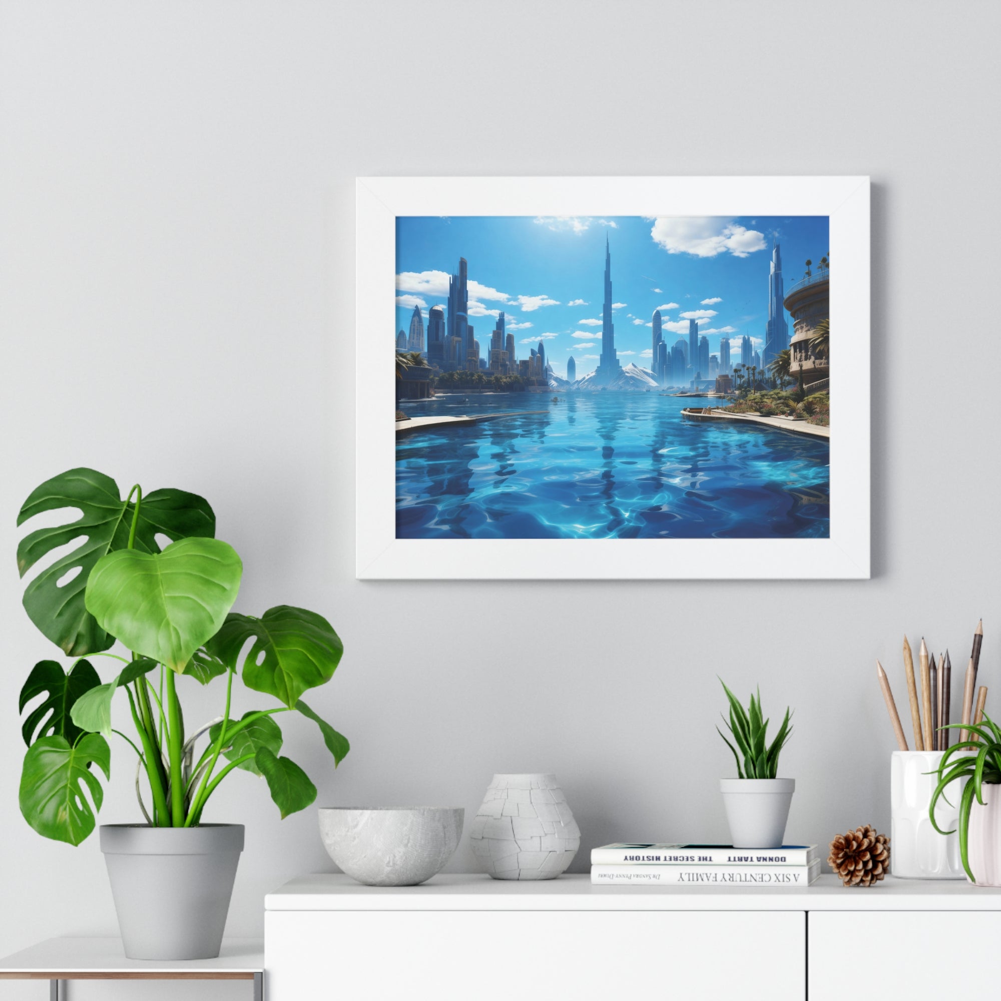 Futuristic Waterfront Skyline – Framed Wall Art with Palm Trees & Ultra-Modern Architecture