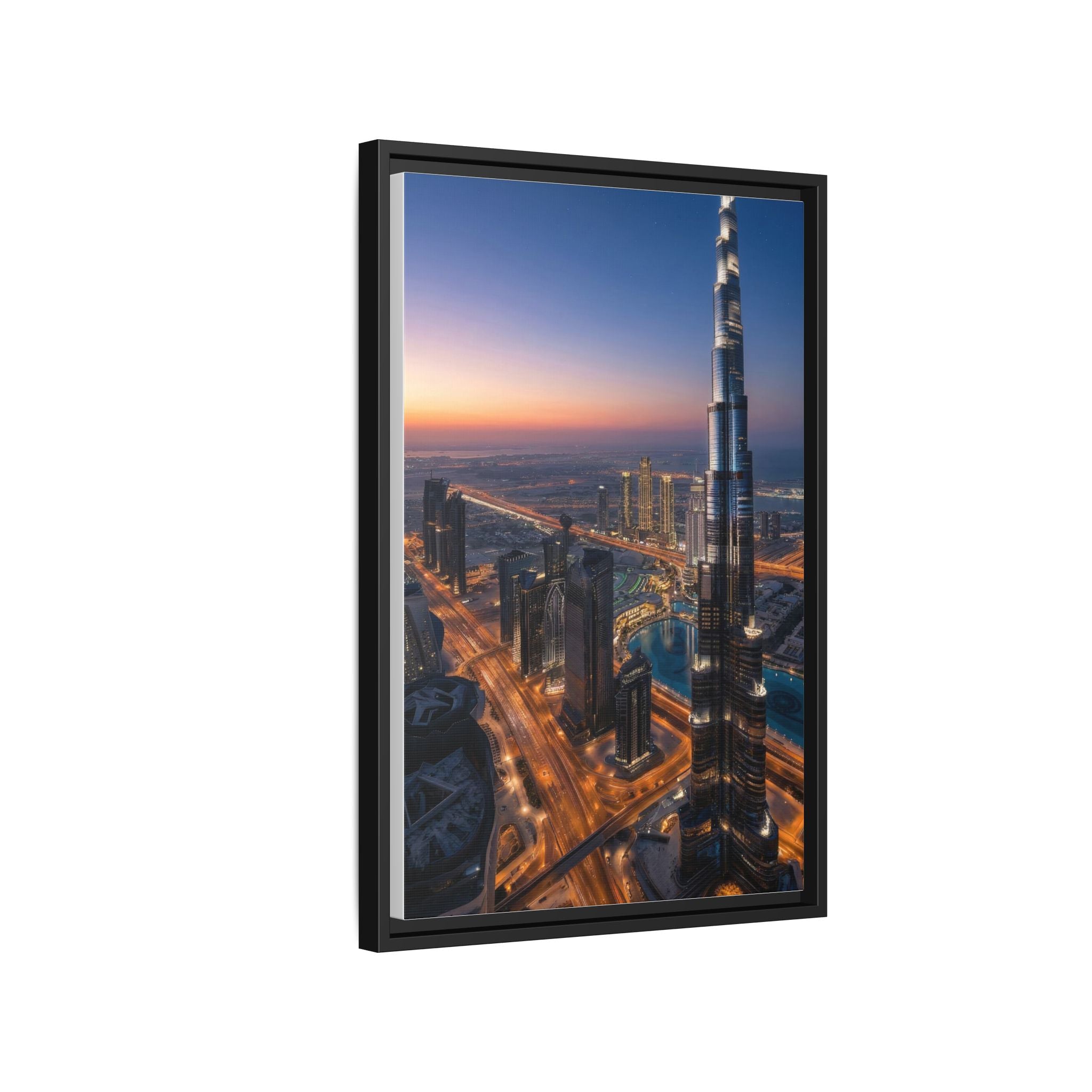 Framed Dubai Skyline at Dusk – Stunning Cityscape Wall Art