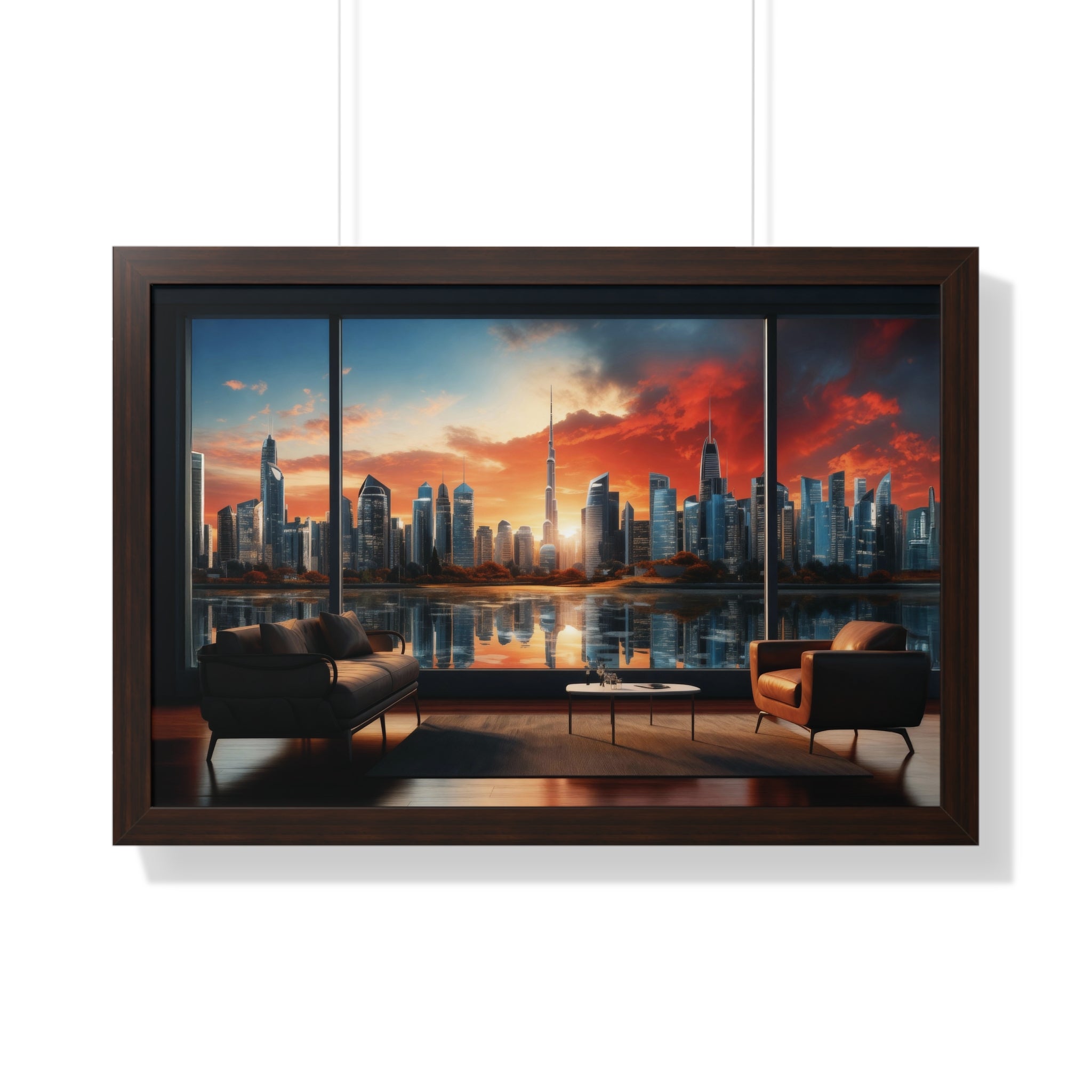 Framed Luxury City View – Modern Living Room Wall Art with Skyline Sunset Reflection