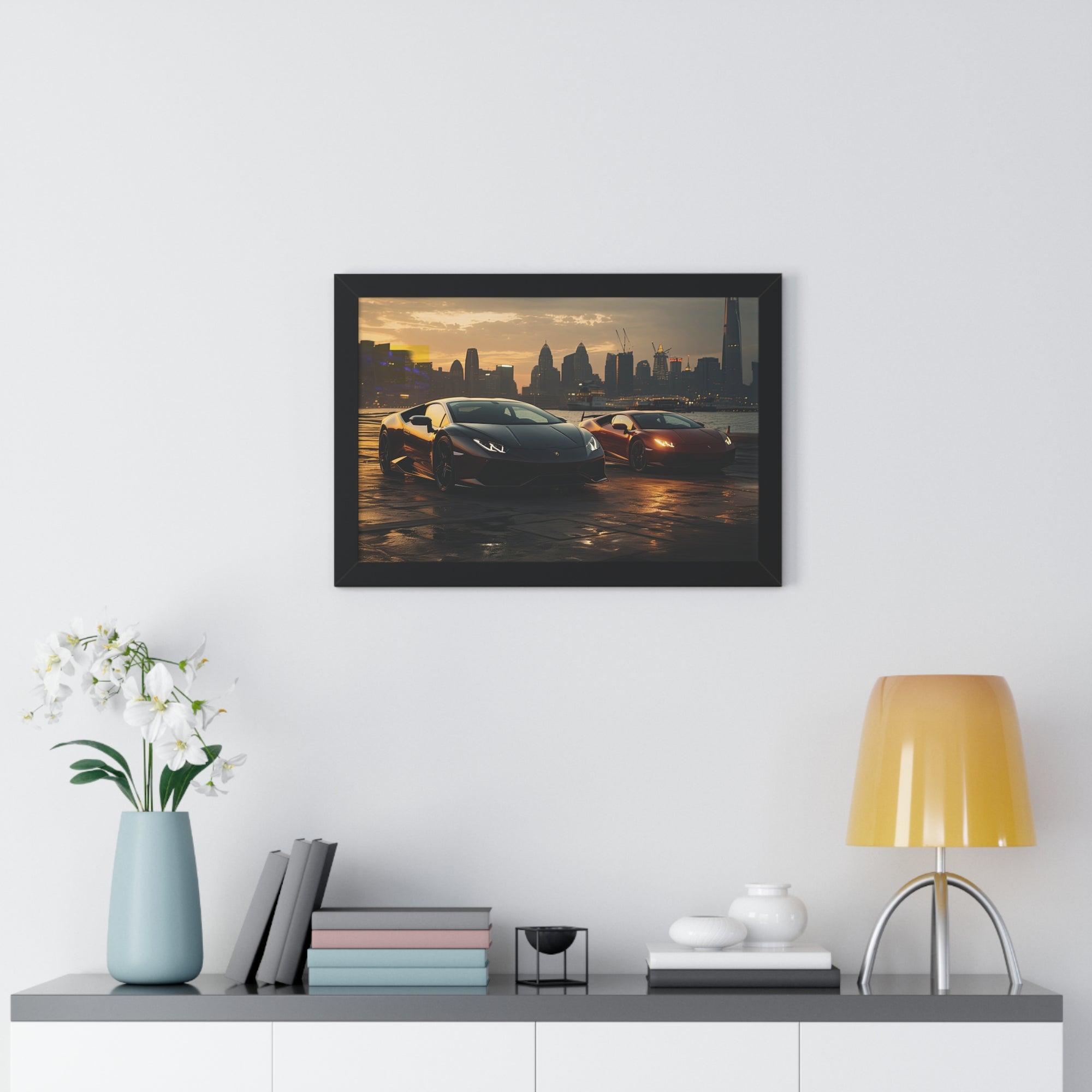 Lamborghinis Parked on a Waterfront at Sunset