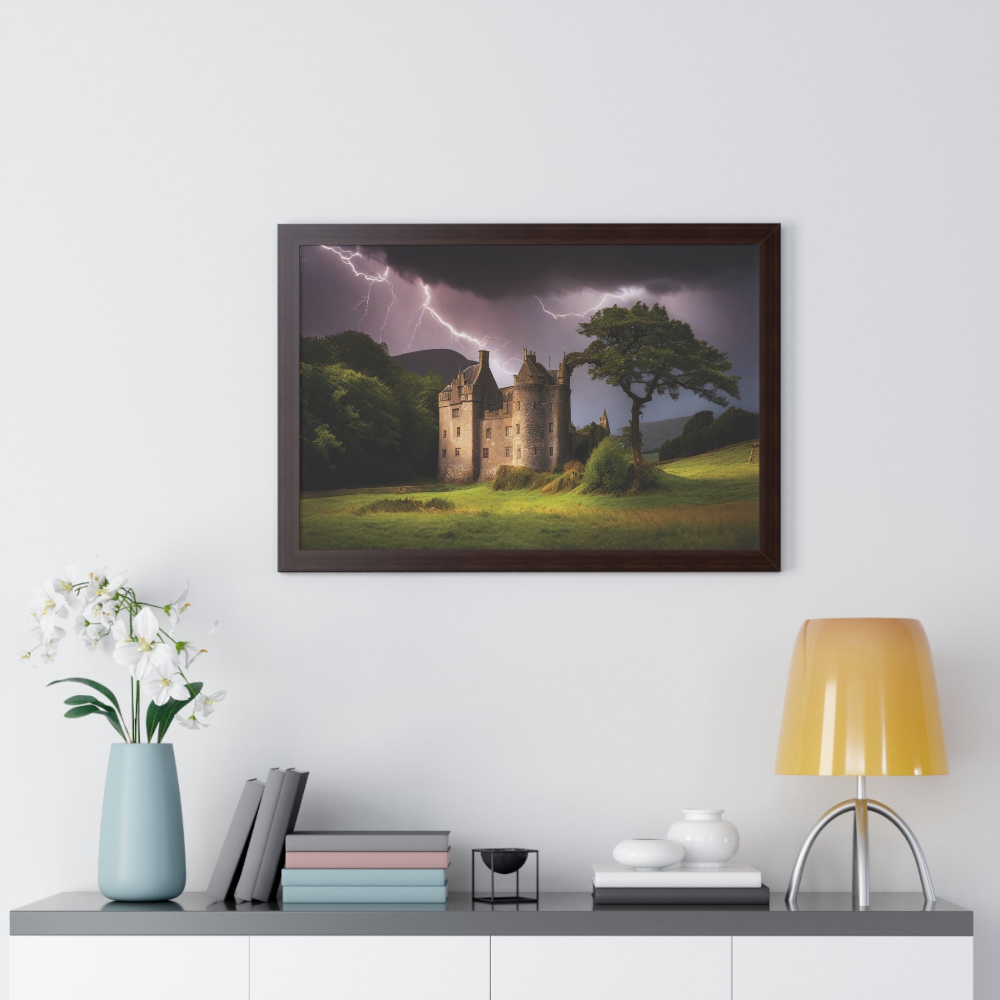 Mystic Castle Lightning Storm Wall Art – Dramatic Gothic Landscape Print