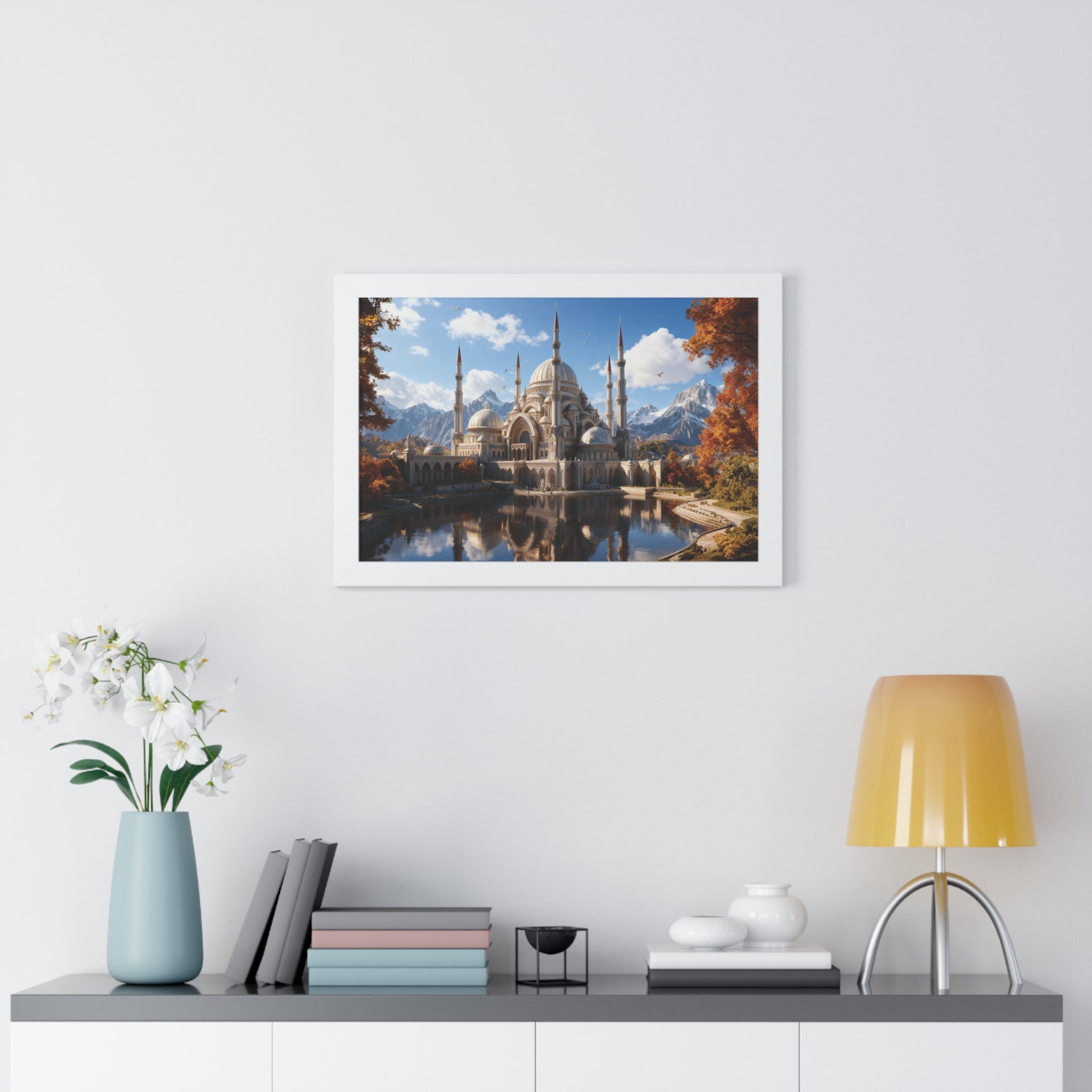Echoes of Elevation – Majestic Mosque Reflections Framed Wall Art