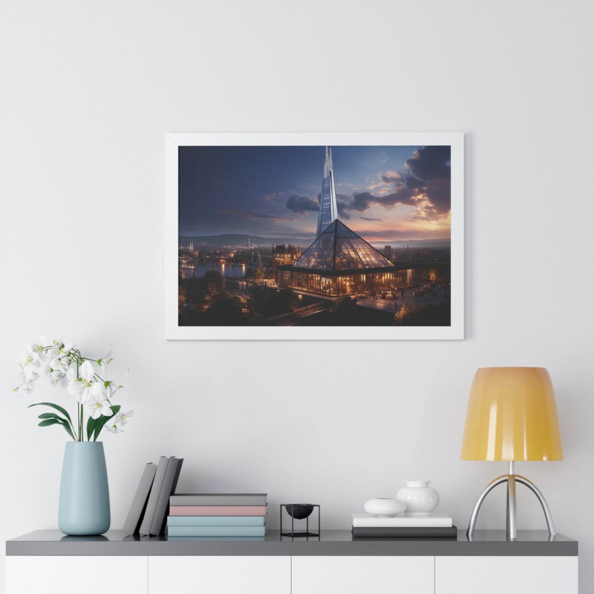 Futuristic Twilight: Glass Spire & Pyramid Skyline – Illuminated Architecture Wall Art