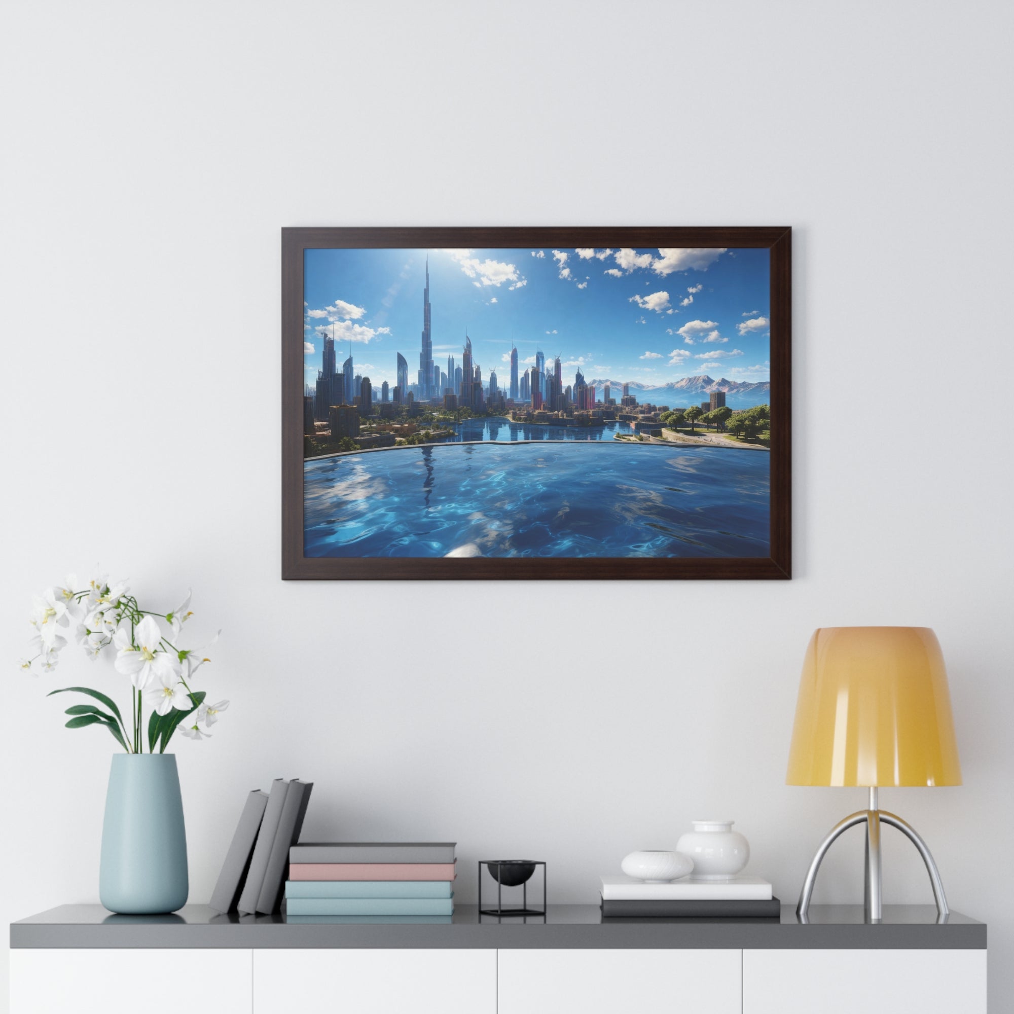 Infinity Pool Skyline View – Framed Luxury Wall Art with Cityscape and Mountain Backdrop