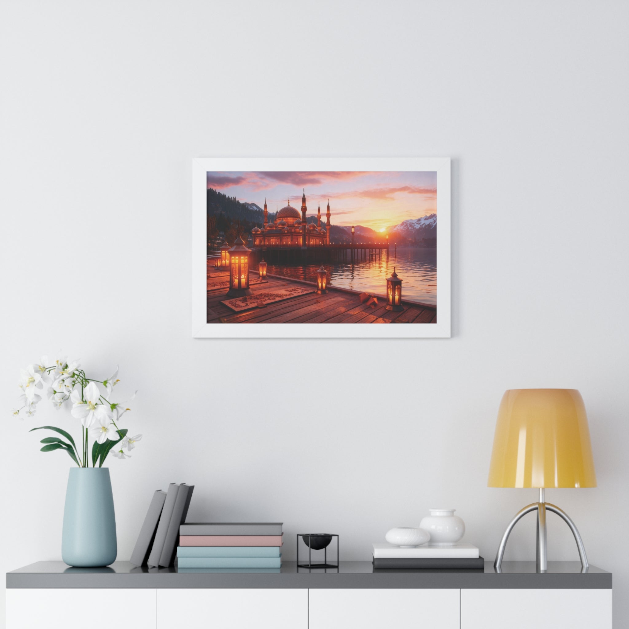 Twilight Serenity – Illuminated Mosque Reflections Framed Wall Art