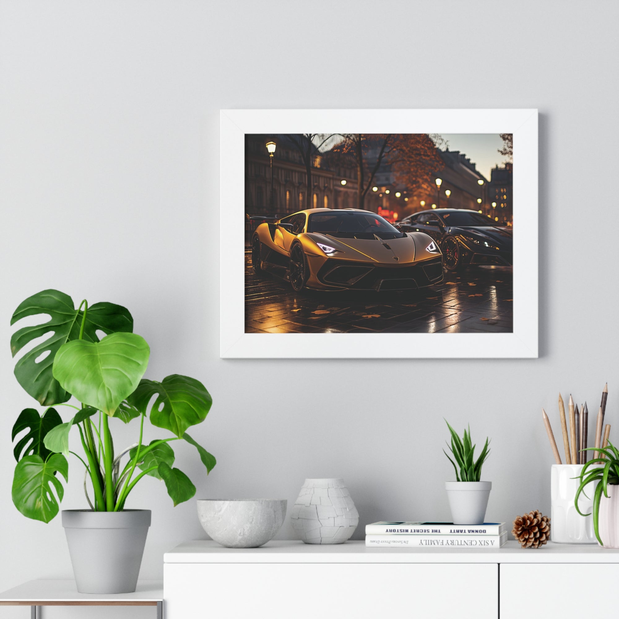 Modified Lamborghini Gold Print - A wet City Street at Night with illuminated Street Lamps