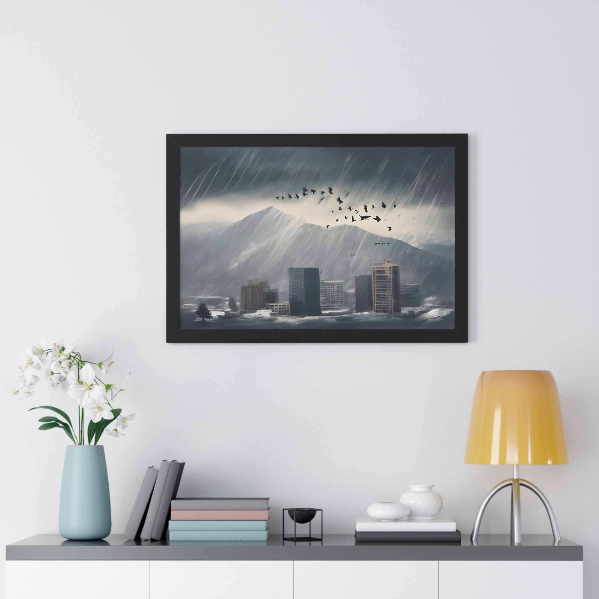 Urban Downpour with Birds in Flight – Futuristic Wall Print