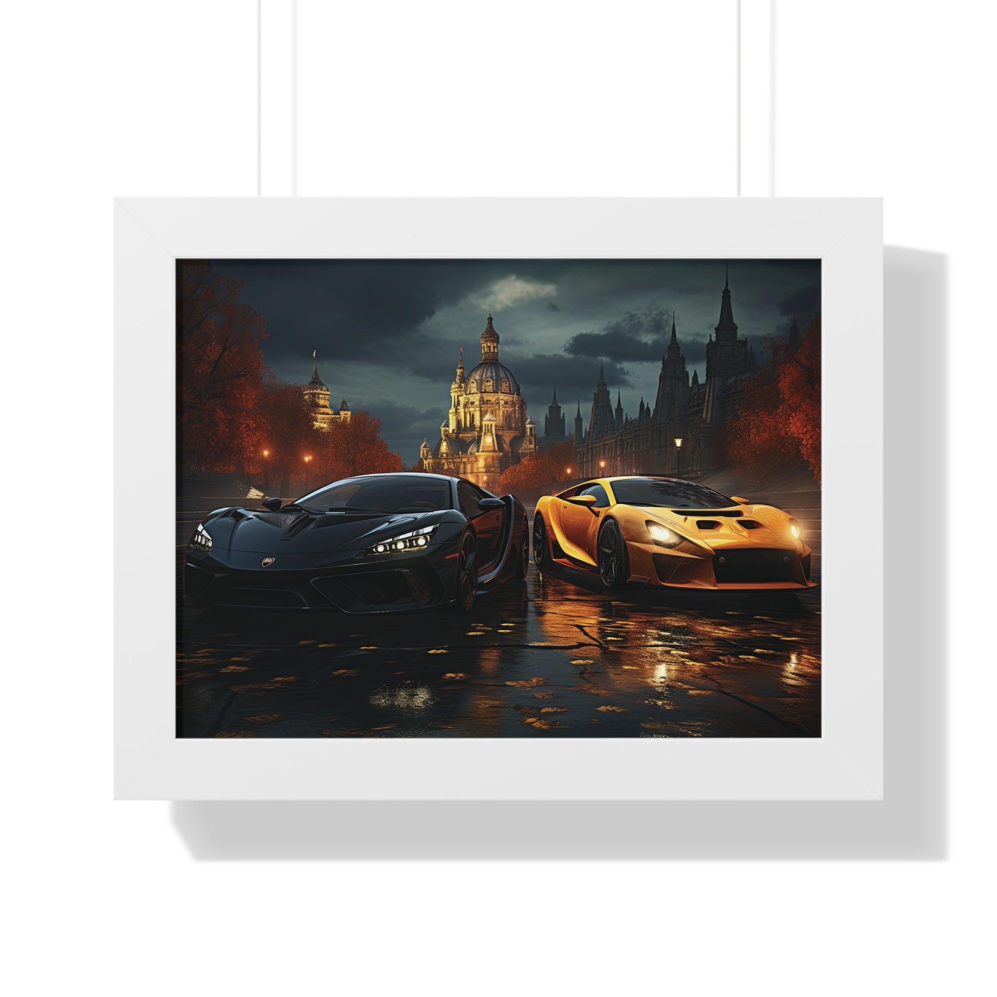 Two Lamborghinis set outside a illuminated Grand Building under a Cloudy Sky