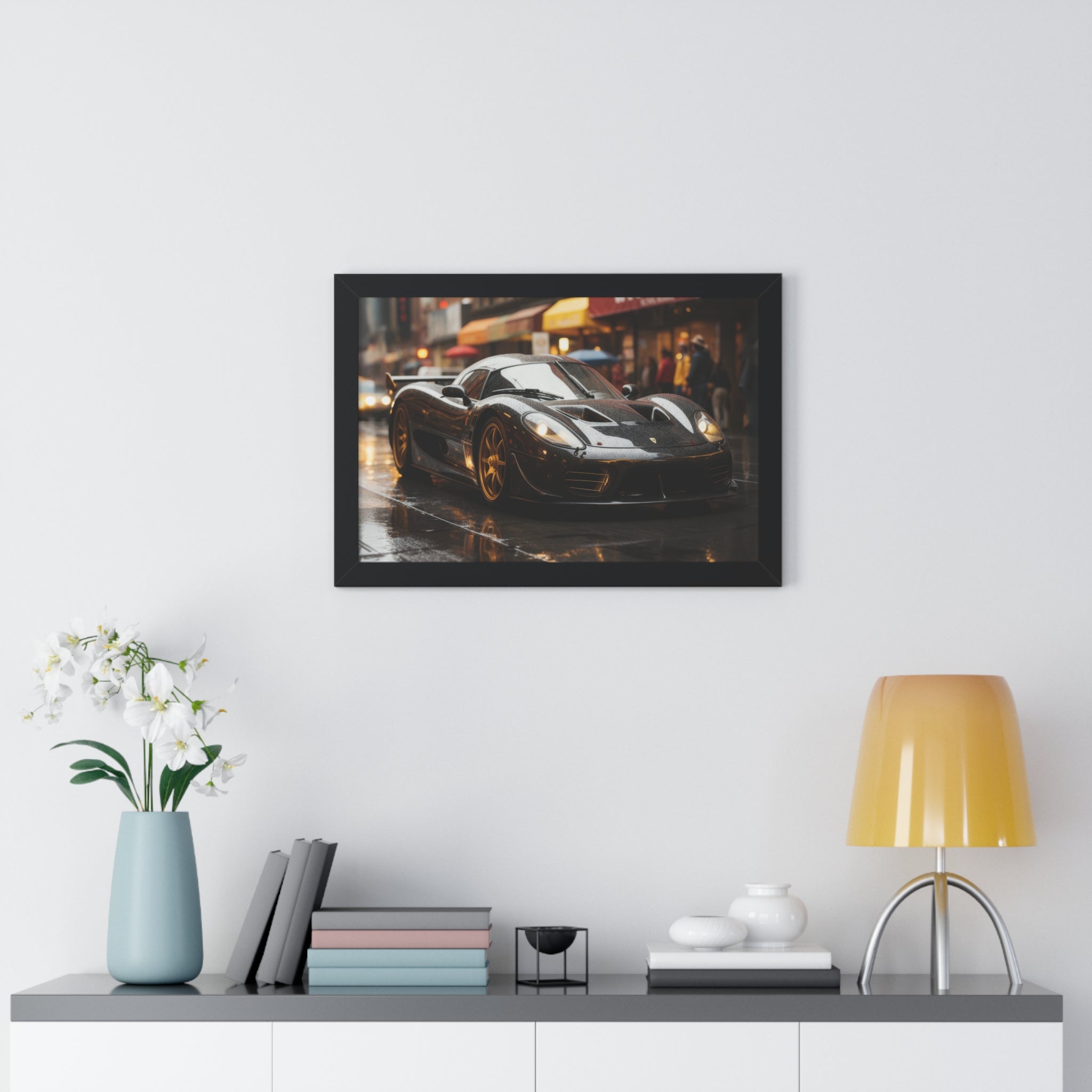 Exotic Black Ferrari F50 Framed Horizontal Poster – Supercar Wall Art for Car Enthusiasts