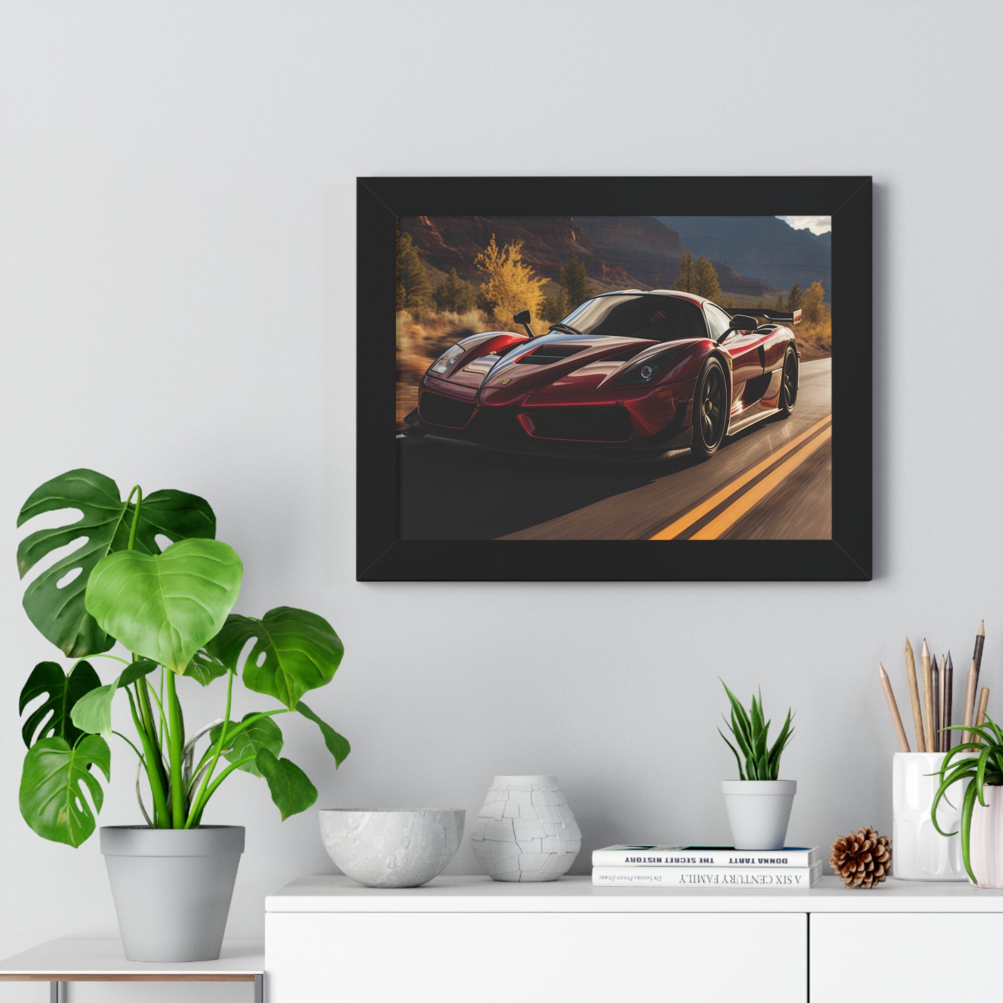 Red Ferrari F50 – Framed Poster in Majestic Mountain Setting