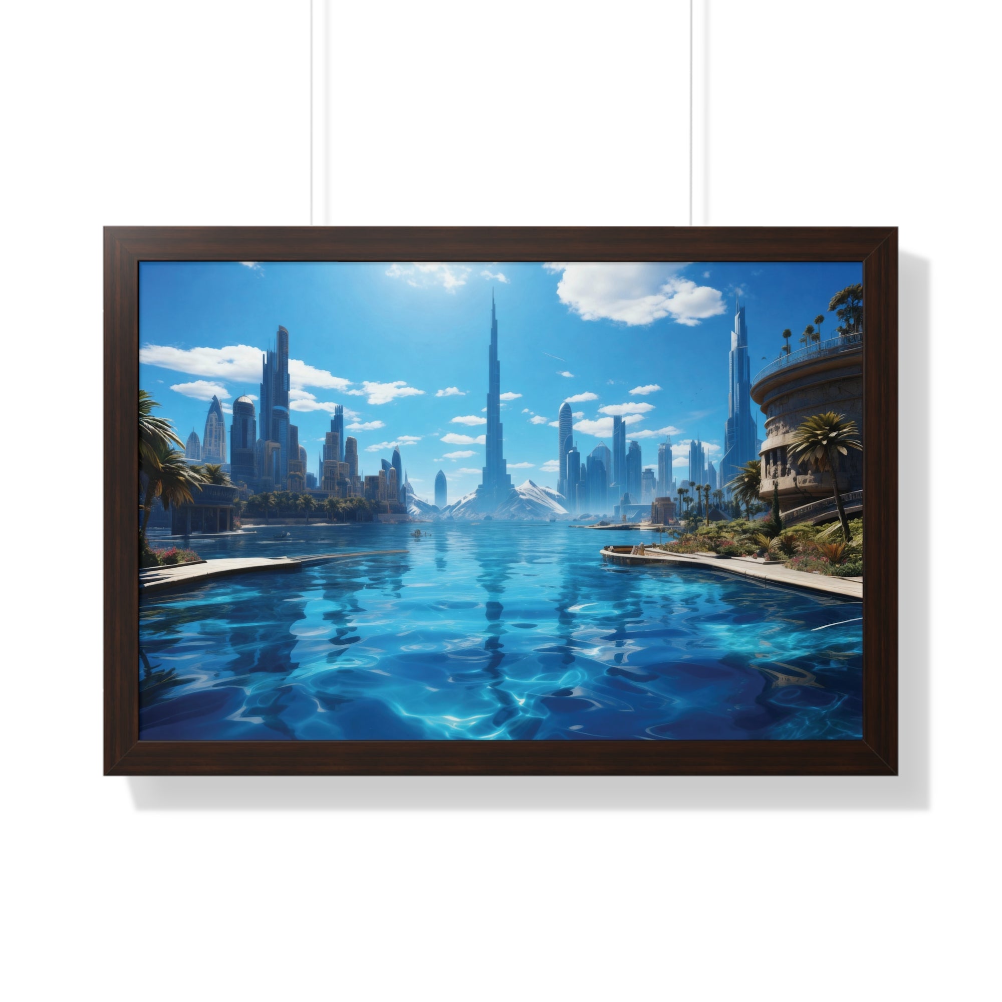 Futuristic Waterfront Skyline – Framed Wall Art with Palm Trees & Ultra-Modern Architecture