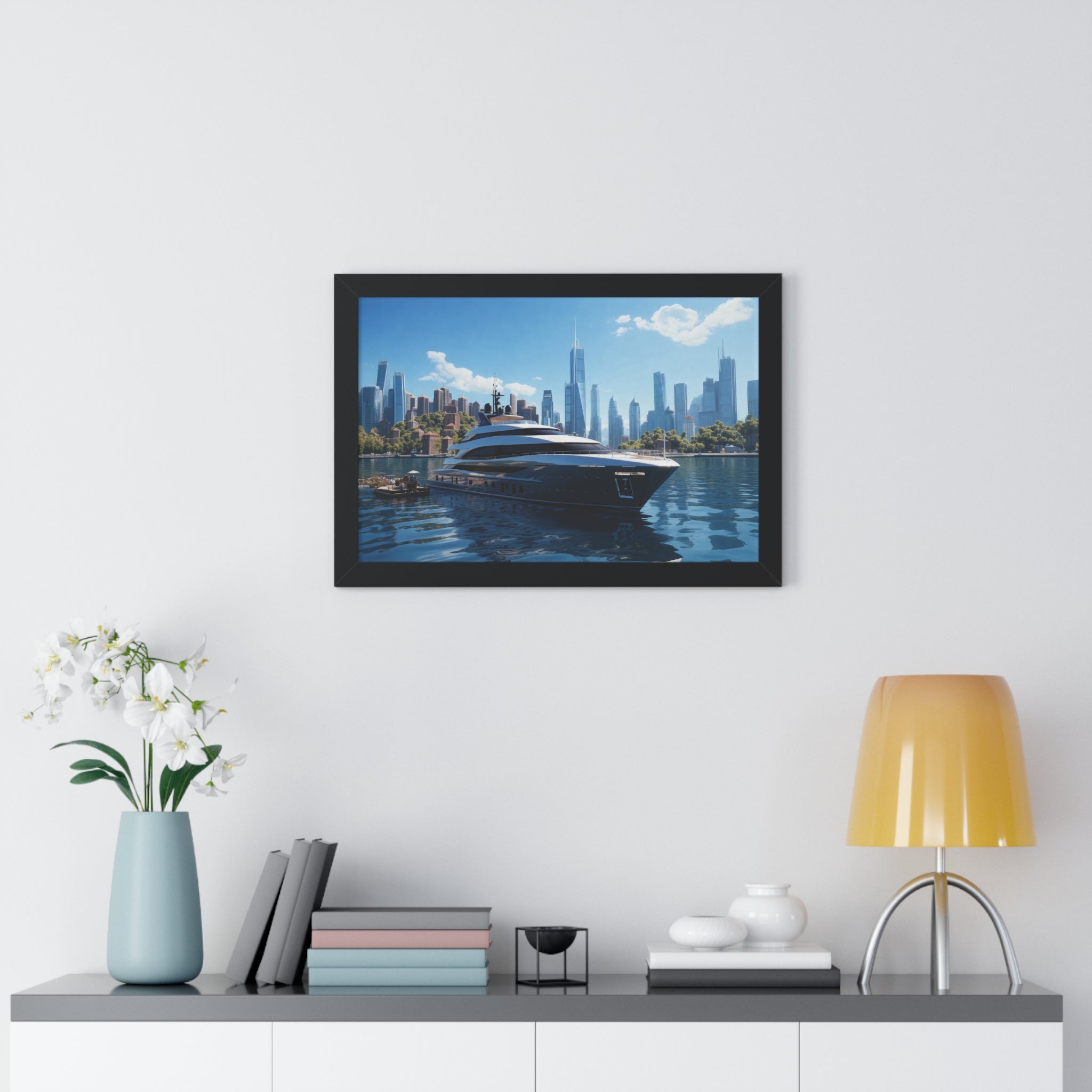 Luxury Waterfront Serenity – Framed Yacht & Skyline Wall Decor