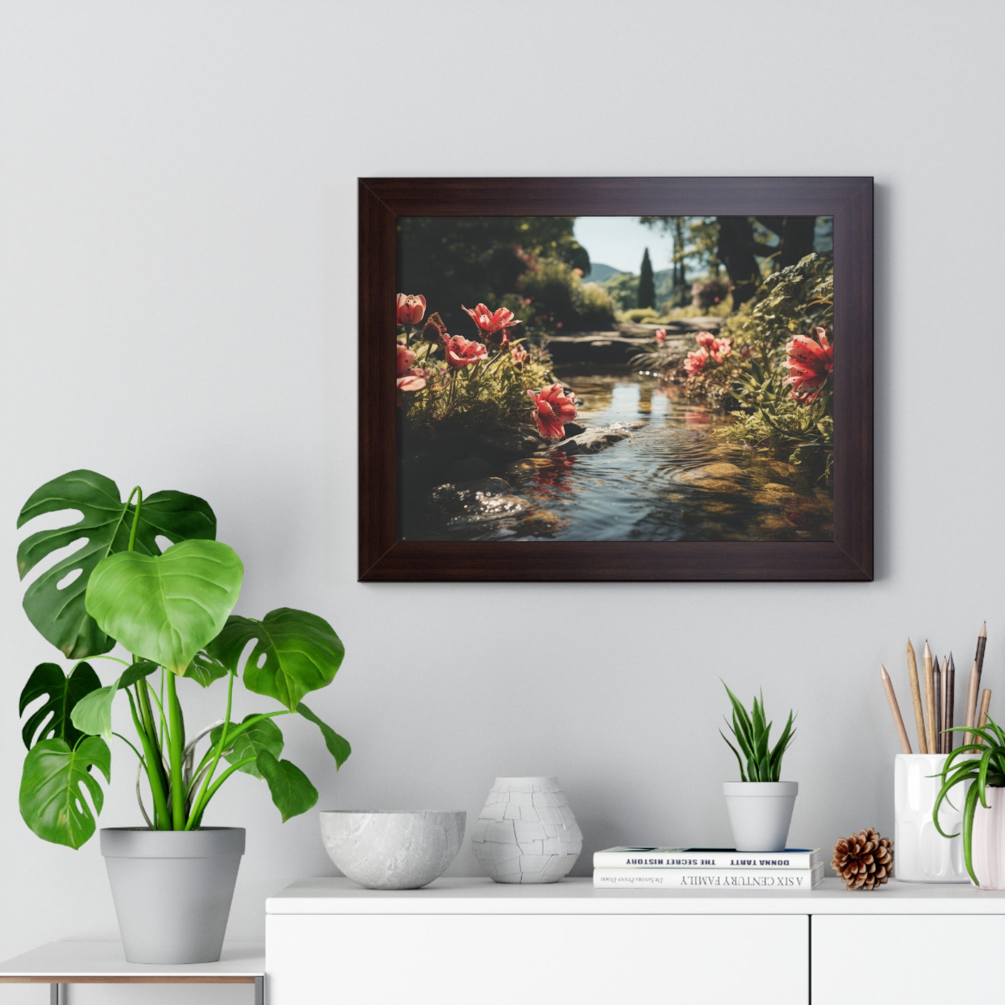 Tranquil Garden Stream with Scarlet Blooms