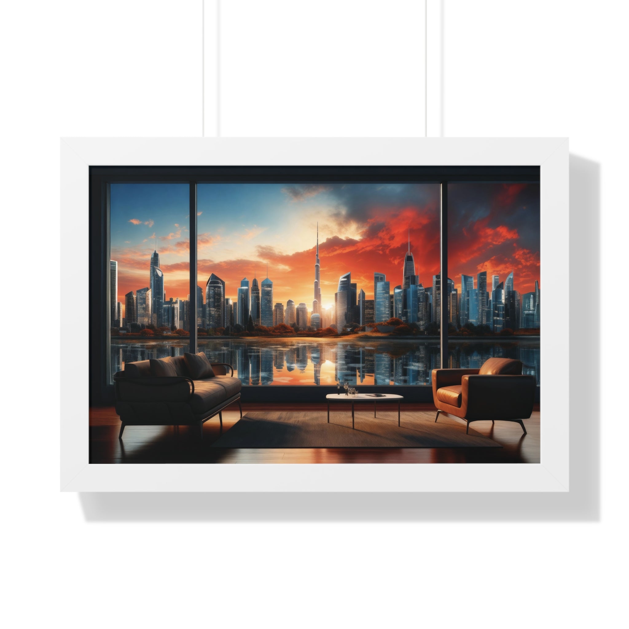 Framed Luxury City View – Modern Living Room Wall Art with Skyline Sunset Reflection