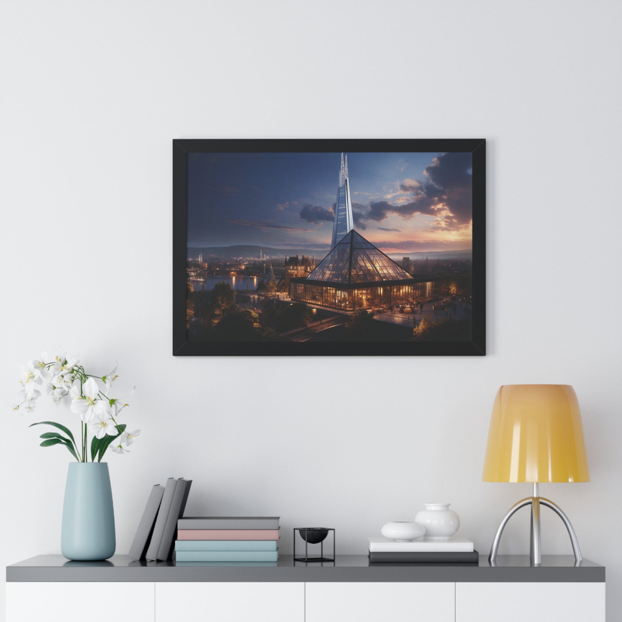 Futuristic Twilight: Glass Spire & Pyramid Skyline – Illuminated Architecture Wall Art