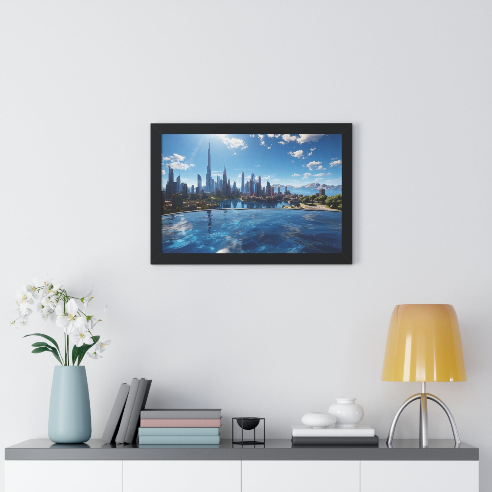 Infinity Pool Skyline View – Framed Luxury Wall Art with Cityscape and Mountain Backdrop