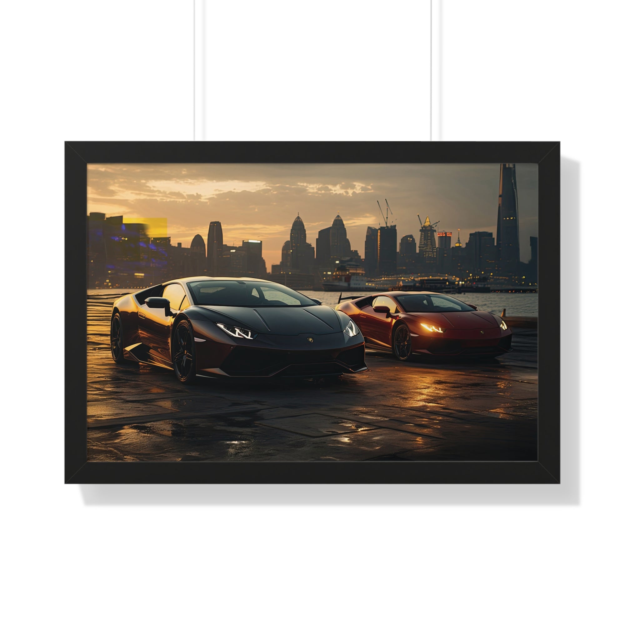 Lamborghinis Parked on a Waterfront at Sunset