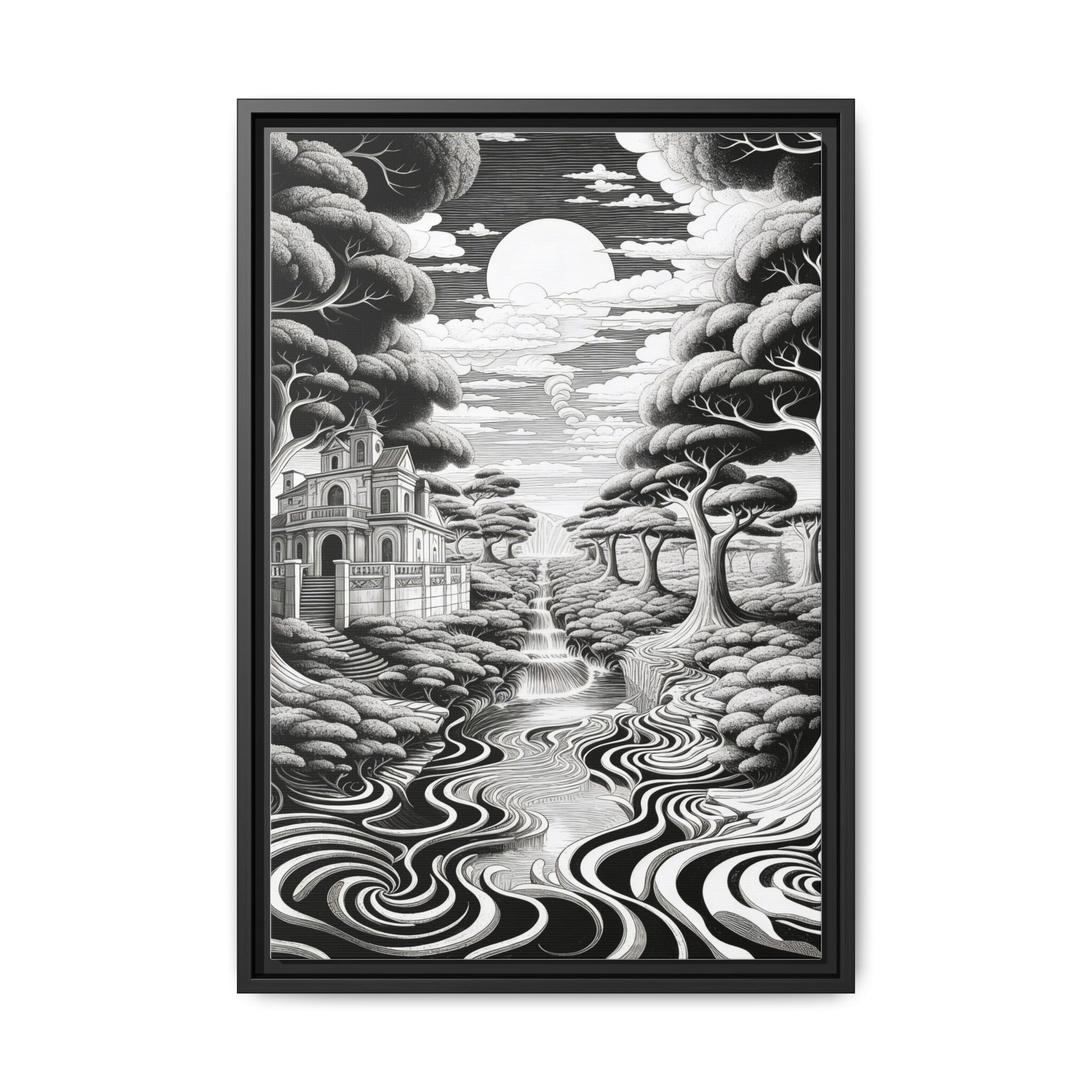 Enchanted River & Mansion Scene Luxury Landscape Wall Art