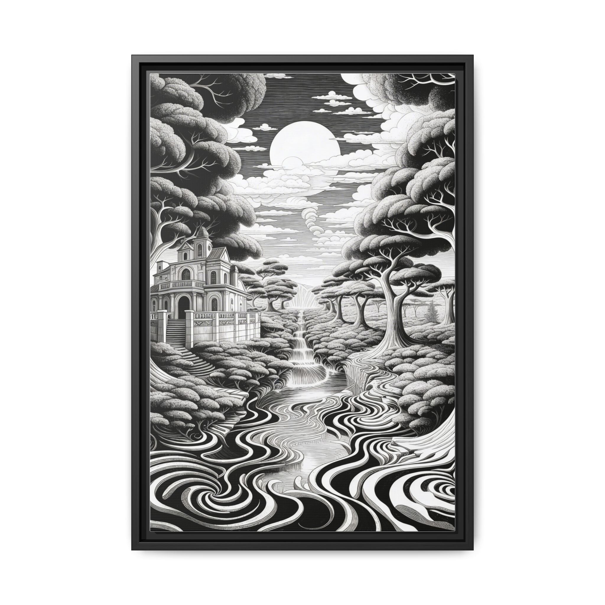 Enchanted River & Mansion Scene Luxury Landscape Wall Art