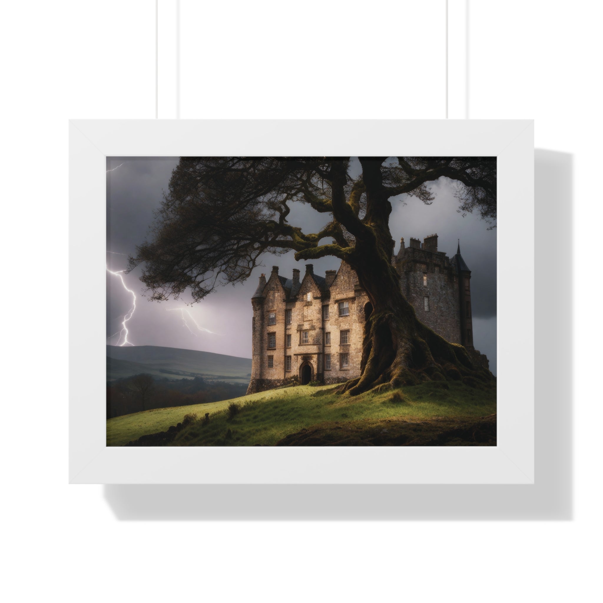 Haunted Scottish Castle Wall Art – Lightning Storm & Ancient Tree Landscape Print