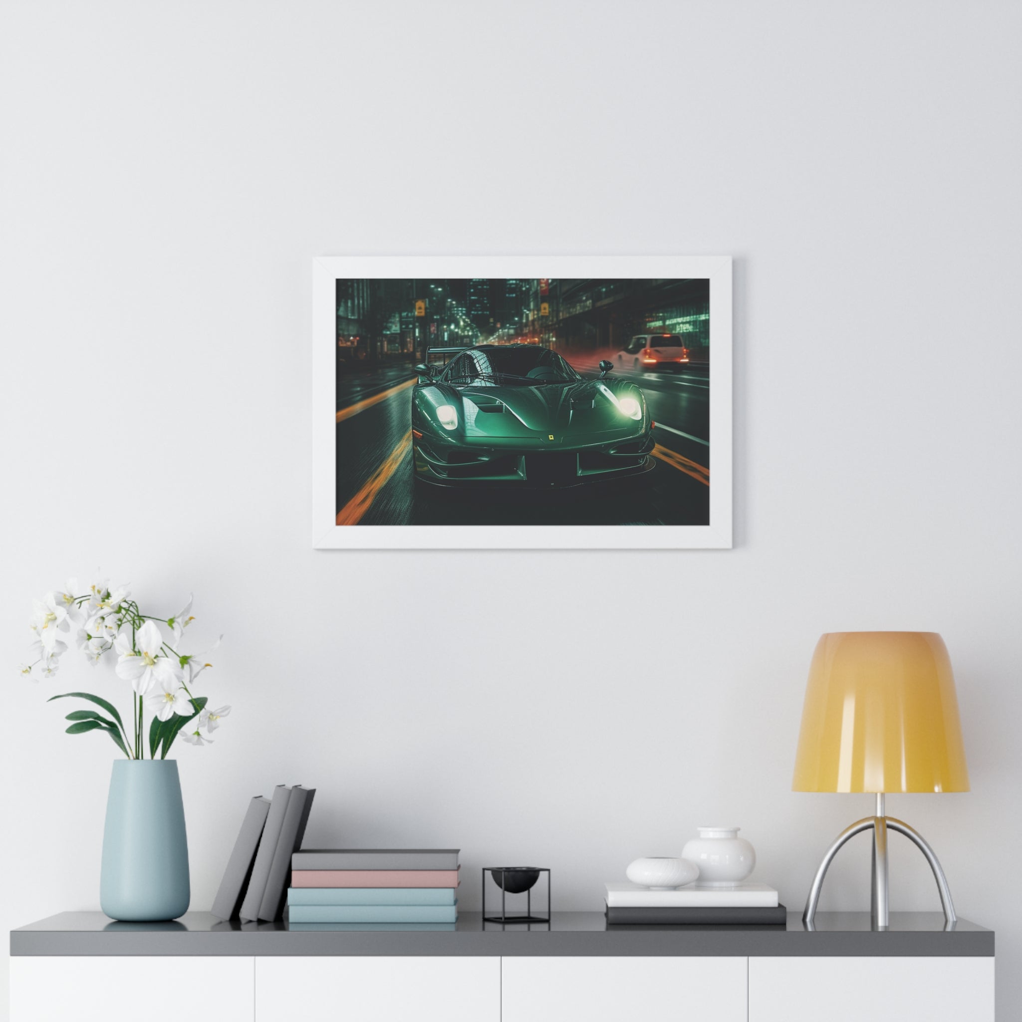 Framed Emerald Green Ferrari F50 Horizontal Poster | Supercar Wall Art