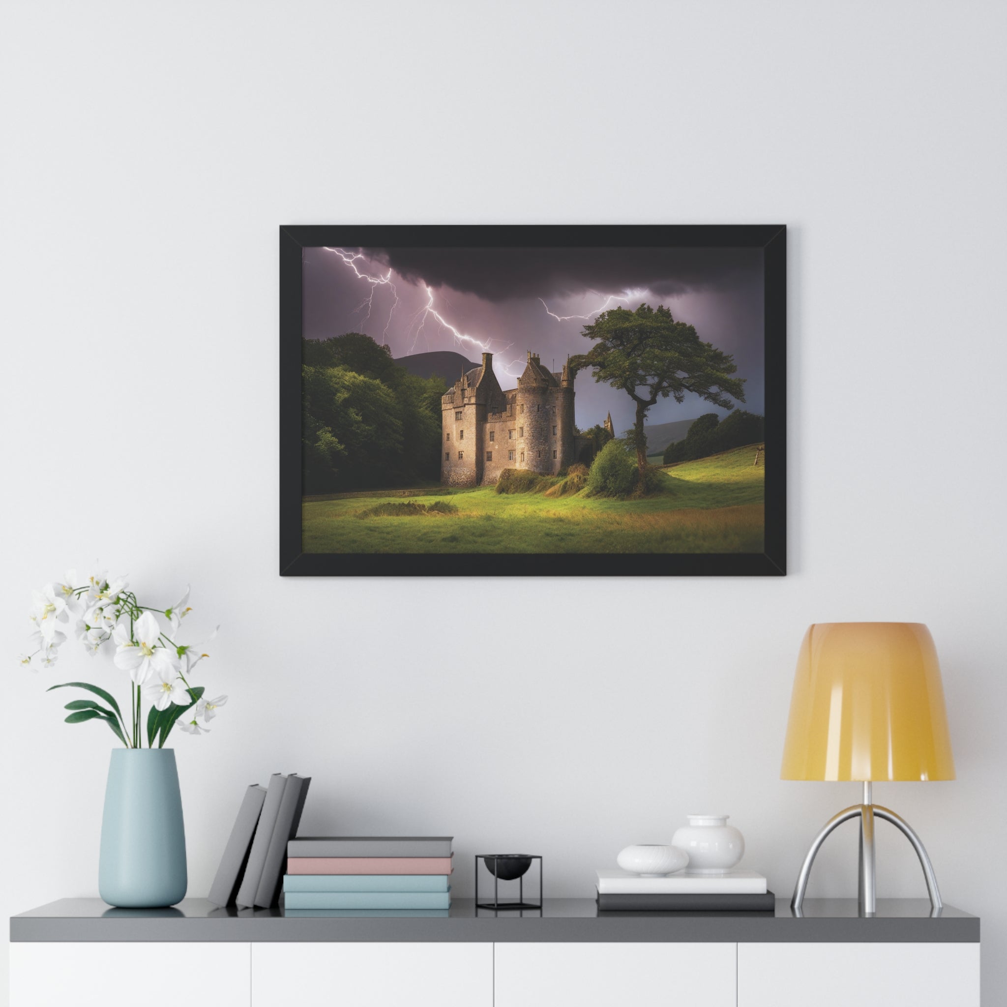Mystic Castle Lightning Storm Wall Art – Dramatic Gothic Landscape Print