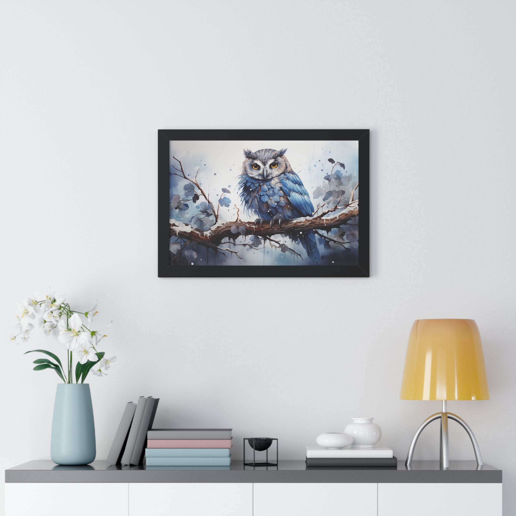 Winter❄️Watcher — Blue Owl Watercolor Print on Snowy Perch
