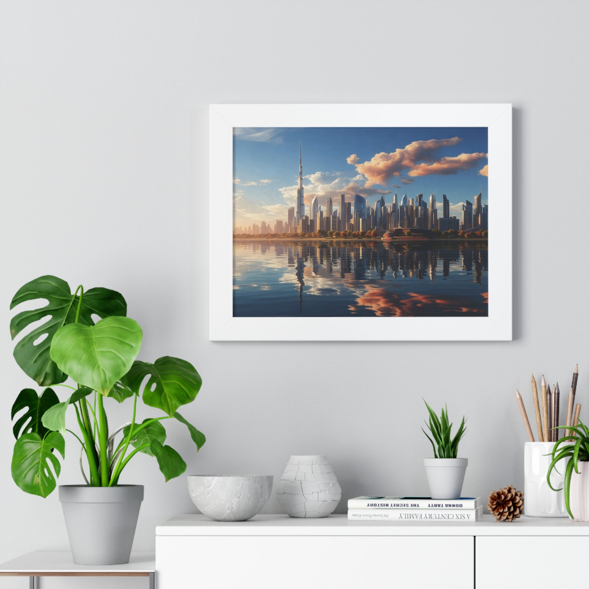 Framed Dubai Sunset Cityscape – Luxury Wall Art with Burj Khalifa for Elegant Interiors
