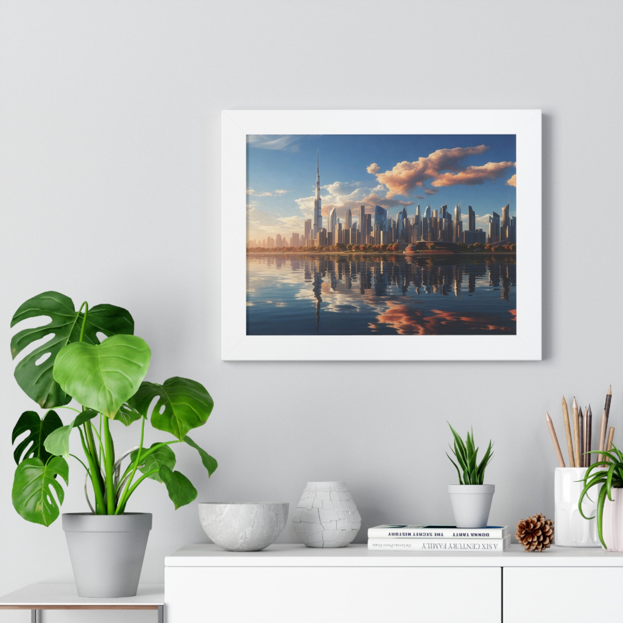 Framed Dubai Sunset Cityscape – Luxury Wall Art with Burj Khalifa for Elegant Interiors