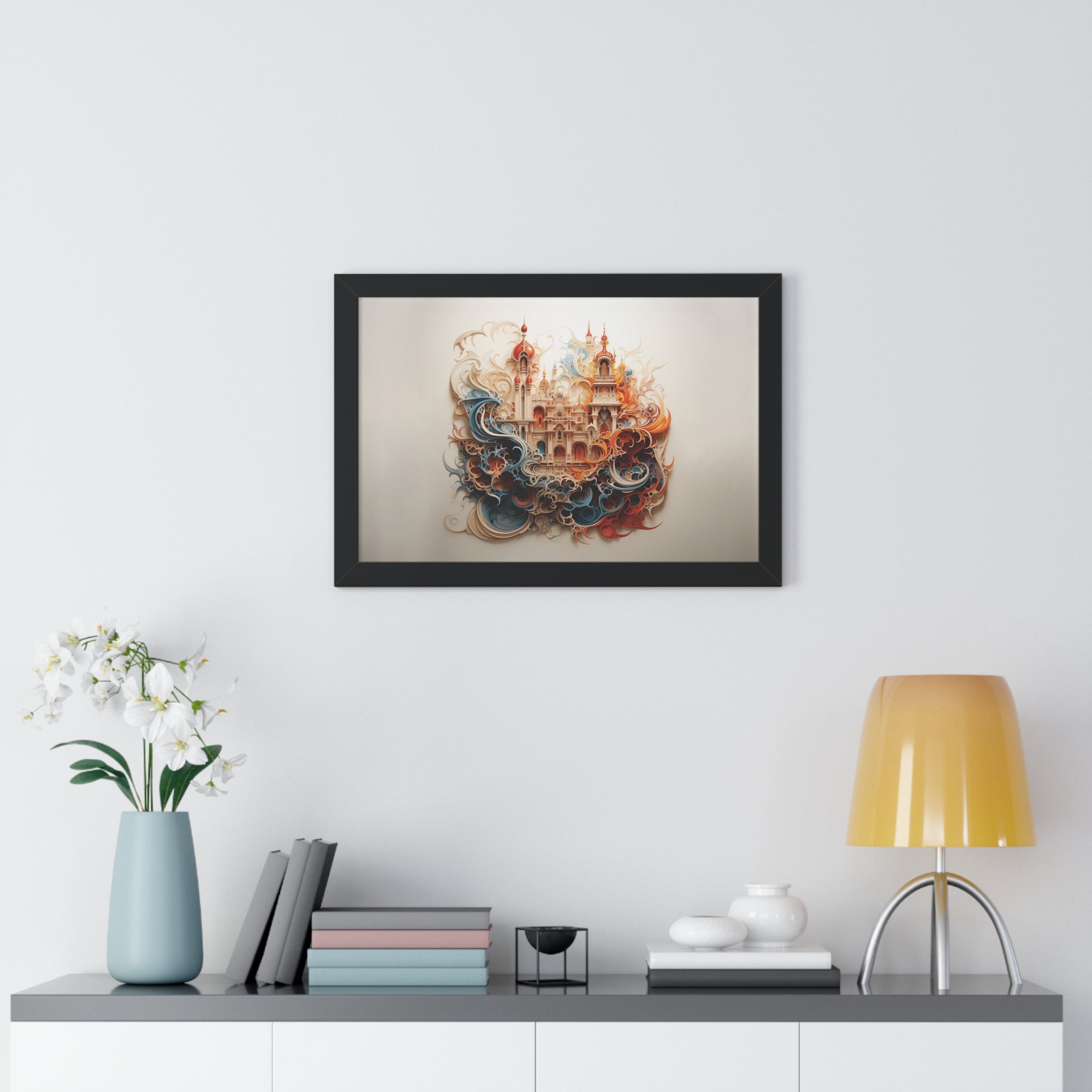 Whimsical Citadel – Mosque Themed Framed Wall Art in Swirling Hues