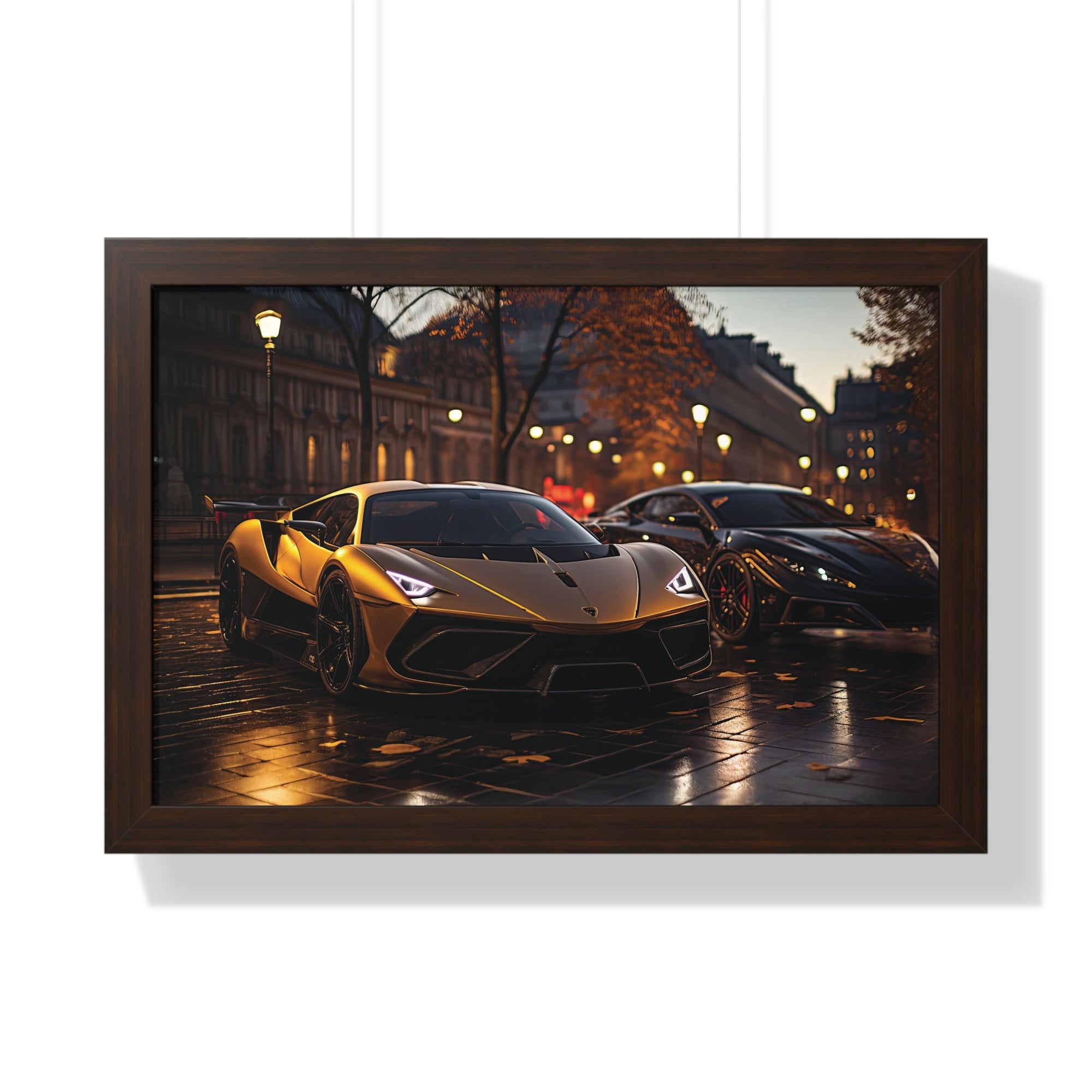 Modified Lamborghini Gold Print - A wet City Street at Night with illuminated Street Lamps