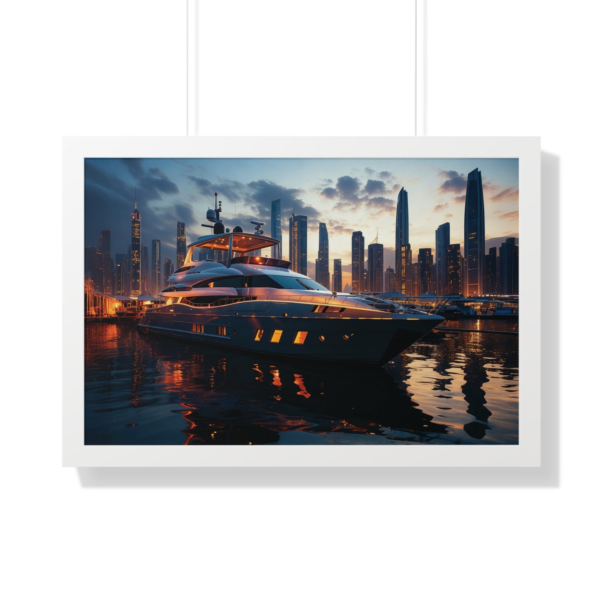 Framed Luxury Yacht at Sunset – Unique Marina Cityscape Wall Art